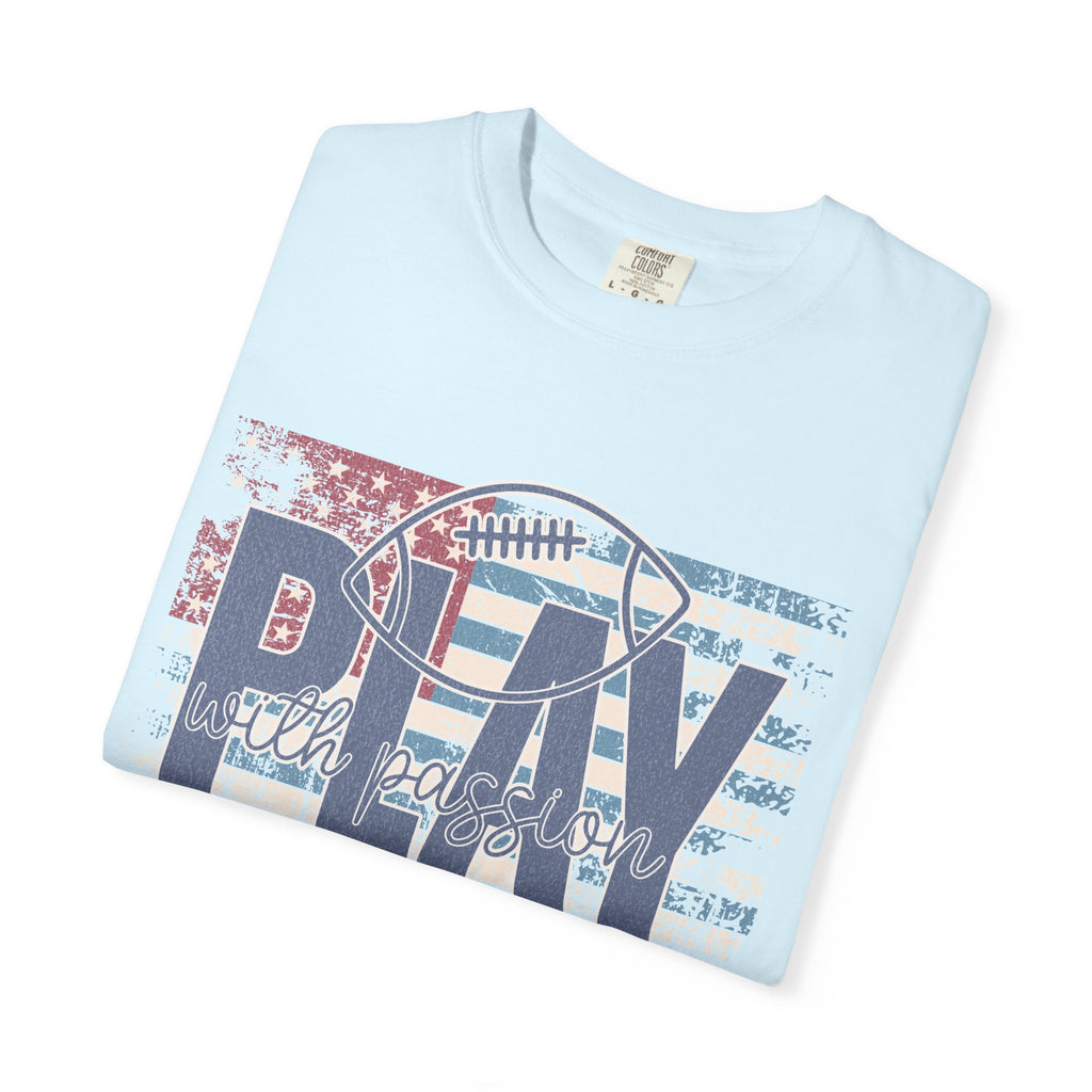 Play With Passion Football Textured Tee — Vintage American Flag Sports Tee