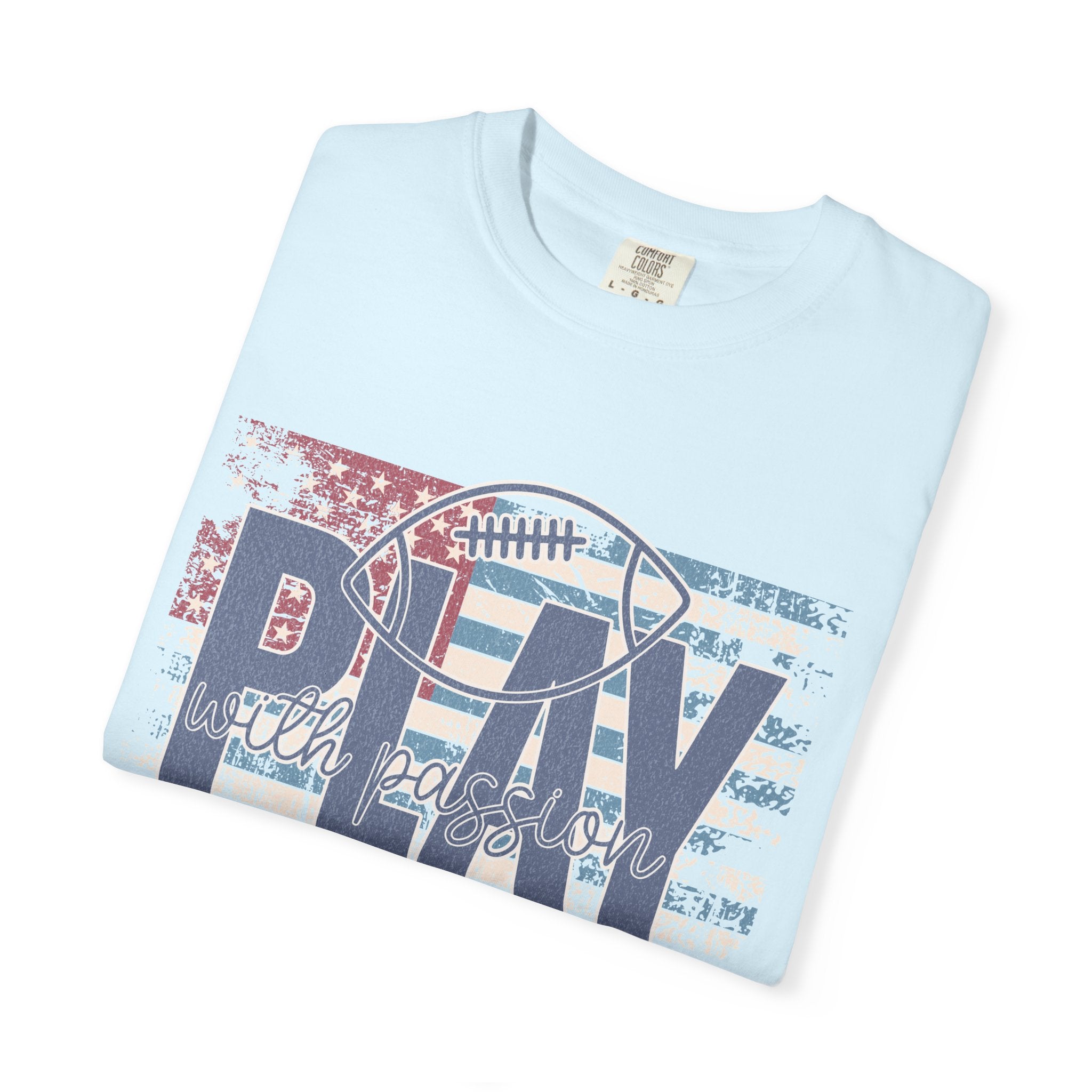 Play With Passion Football Textured Tee — Vintage American Flag Sports Tee