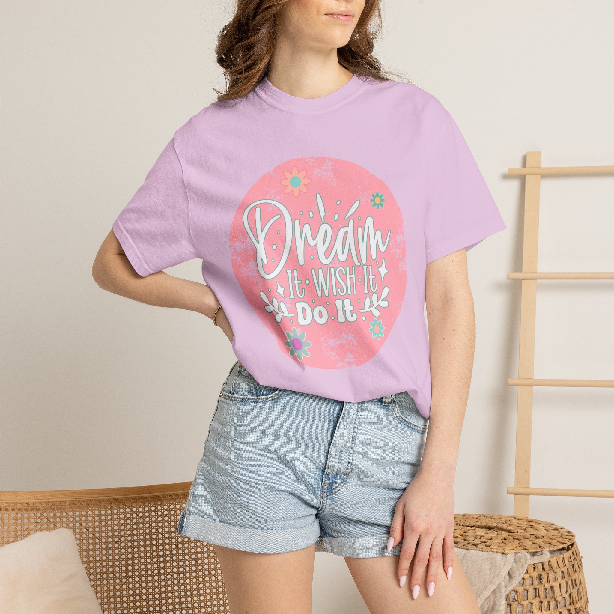 Textured T-Shirt — "Dream It, Wish It, Do It" Pink Floral Motivational Tee