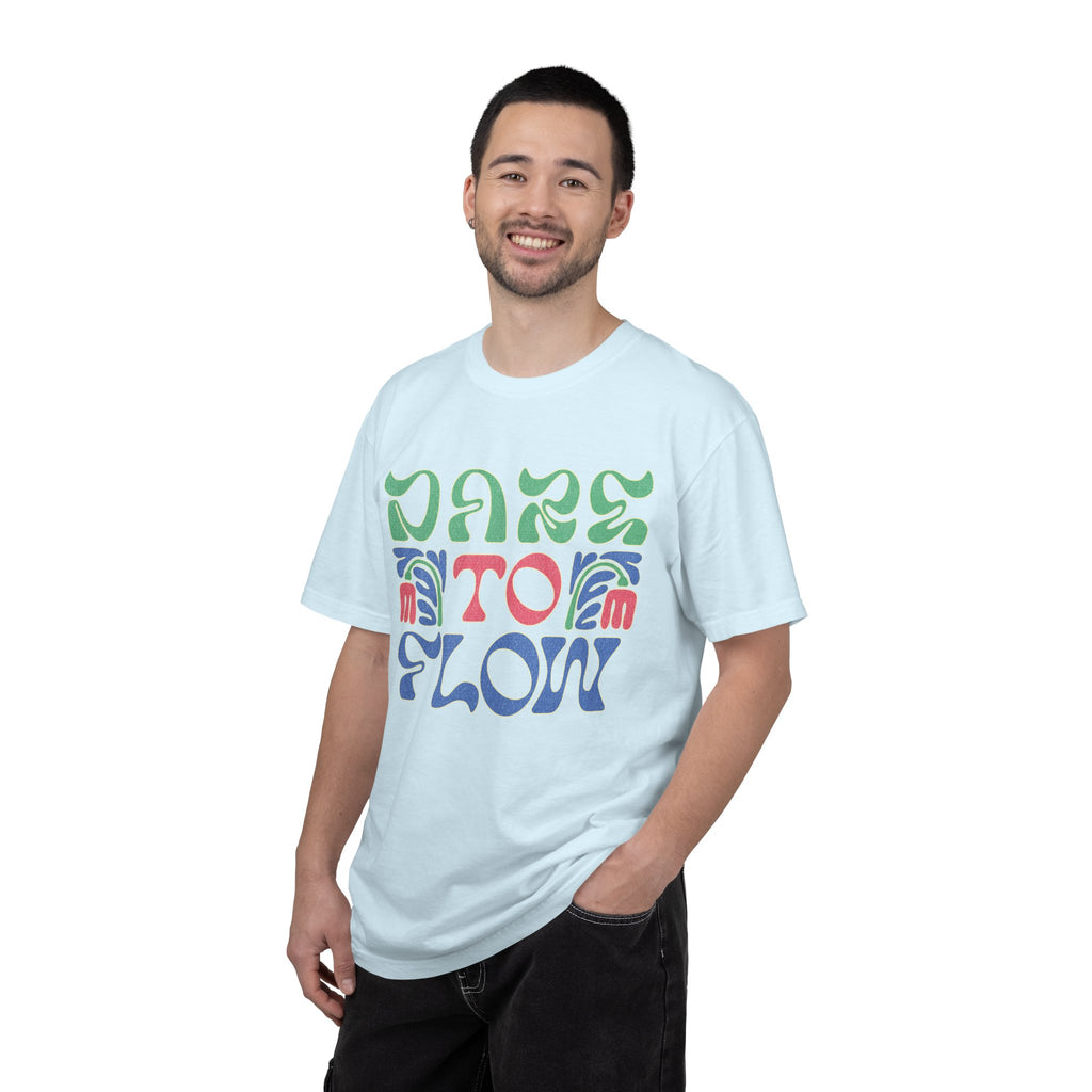 Dare To Flow T-Shirt | Textured Retro Groovy Typography, Colorful Wave Design