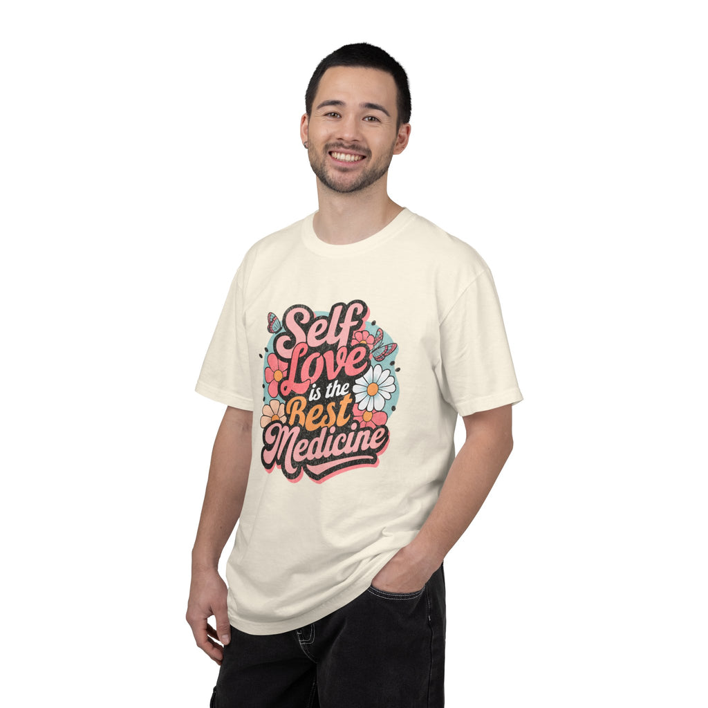 Self Love is the Best Medicine T-Shirt |Textured Floral Script Mental Health Design