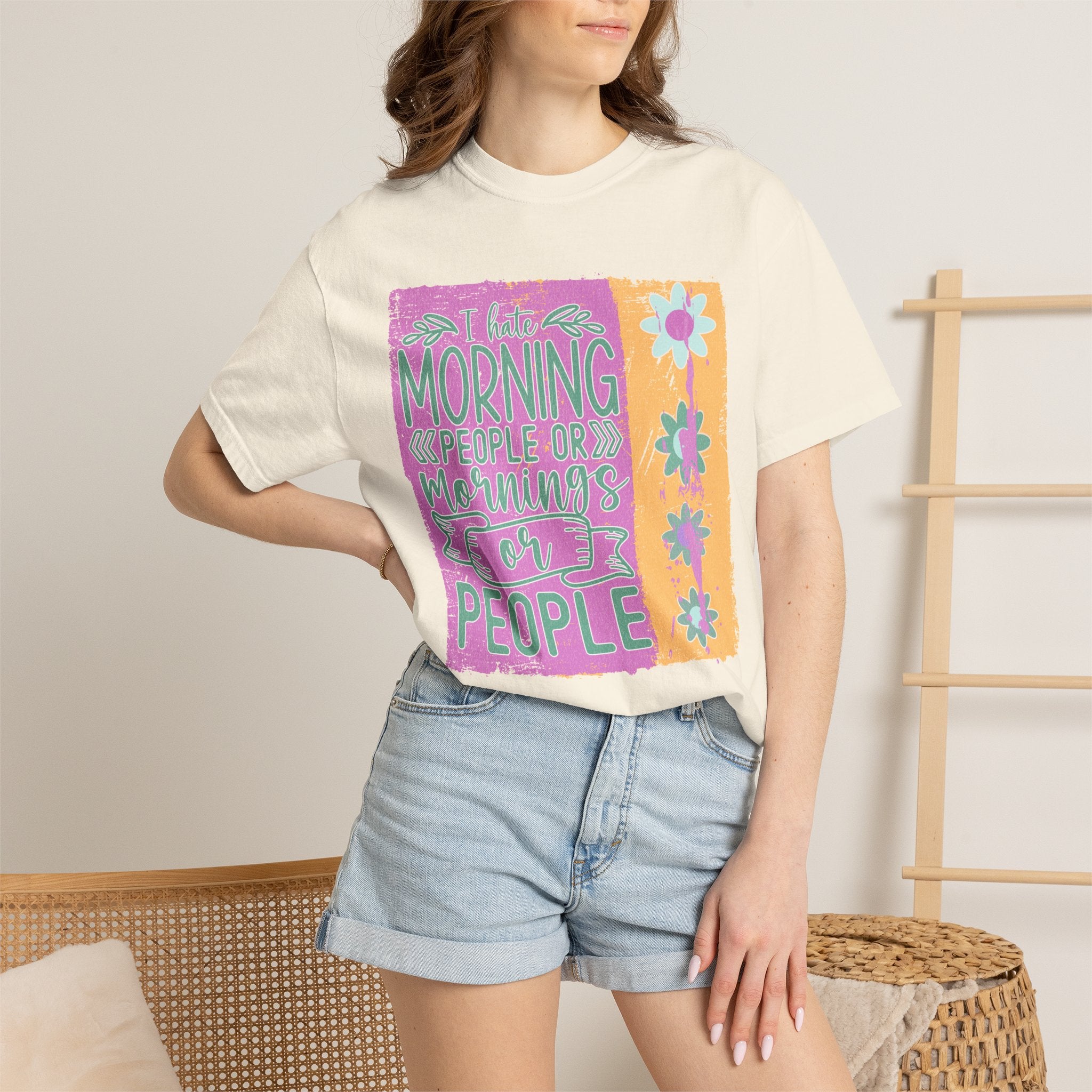I Hate Morning People Textured  Shirt — Retro Flower Graphic Tee