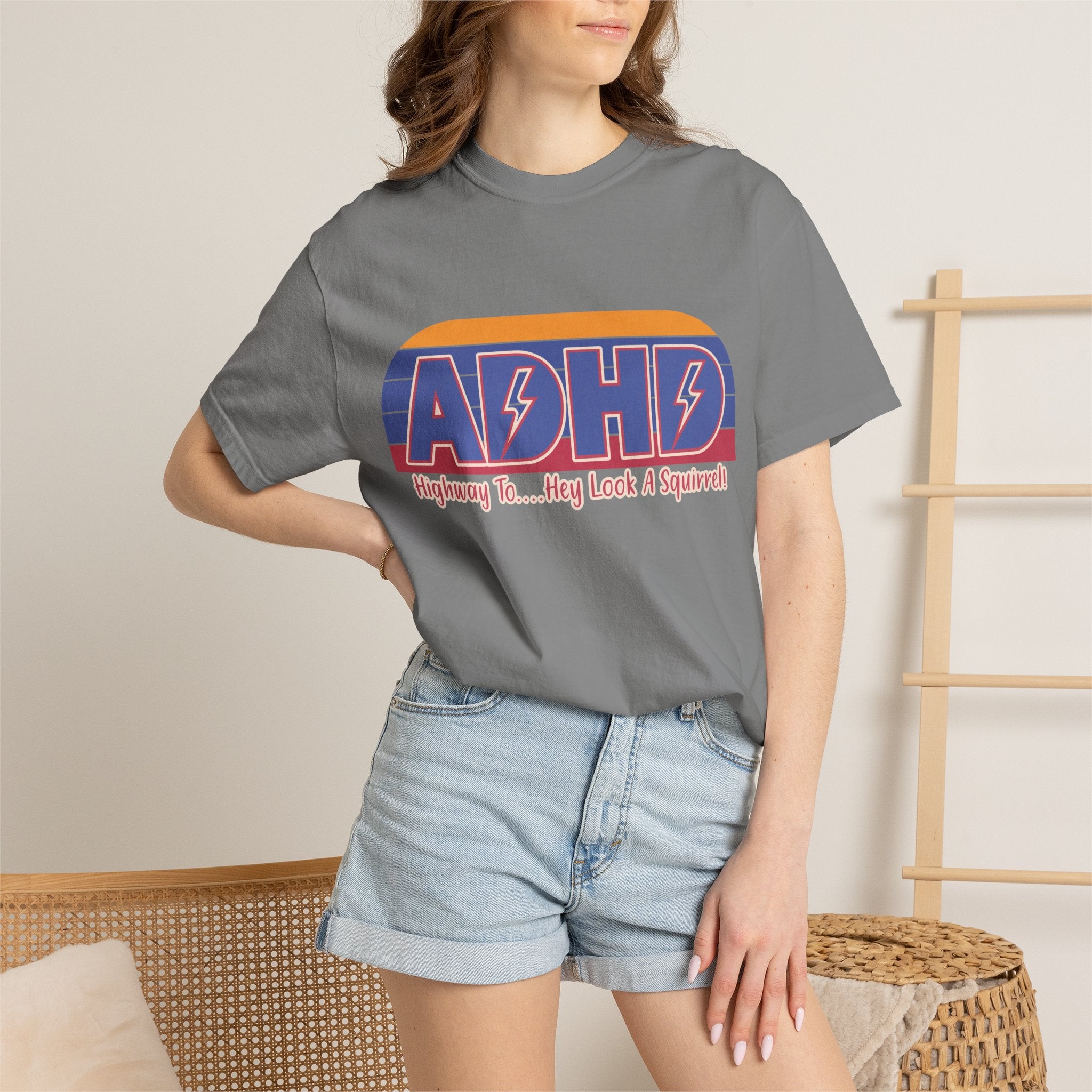 ADHD Retro Stripe T-Shirt — "Highway To... Hey Look A Squirrel" Graphic Tee
