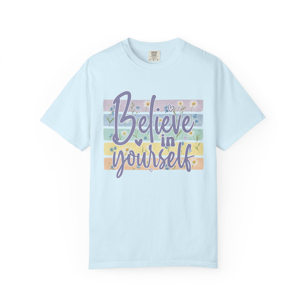 Textured Believe in Yourself T‑Shirt — Pastel Stripes Inspirational Tee