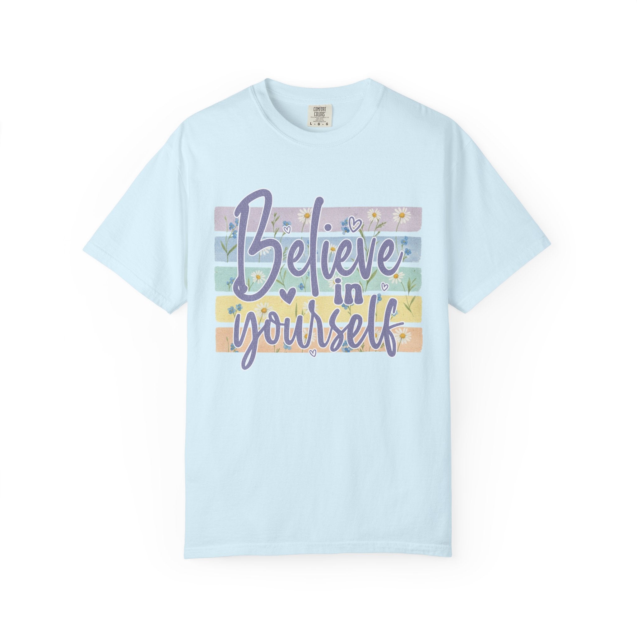 Textured Believe in Yourself T‑Shirt — Pastel Stripes Inspirational Tee
