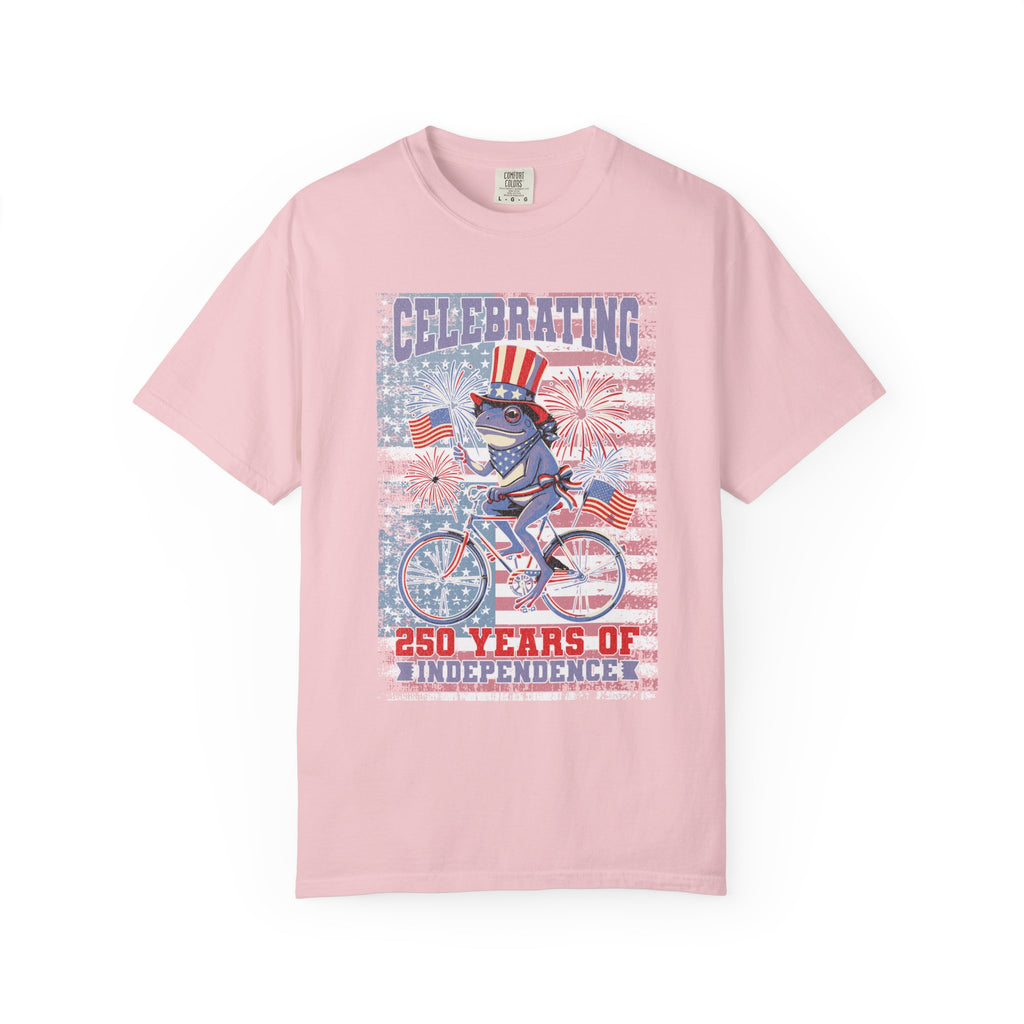Textured Independence Day Patriotic T-Shirt — "Celebrating 250 Years of Independence" Bicycle Uncle Sam Design