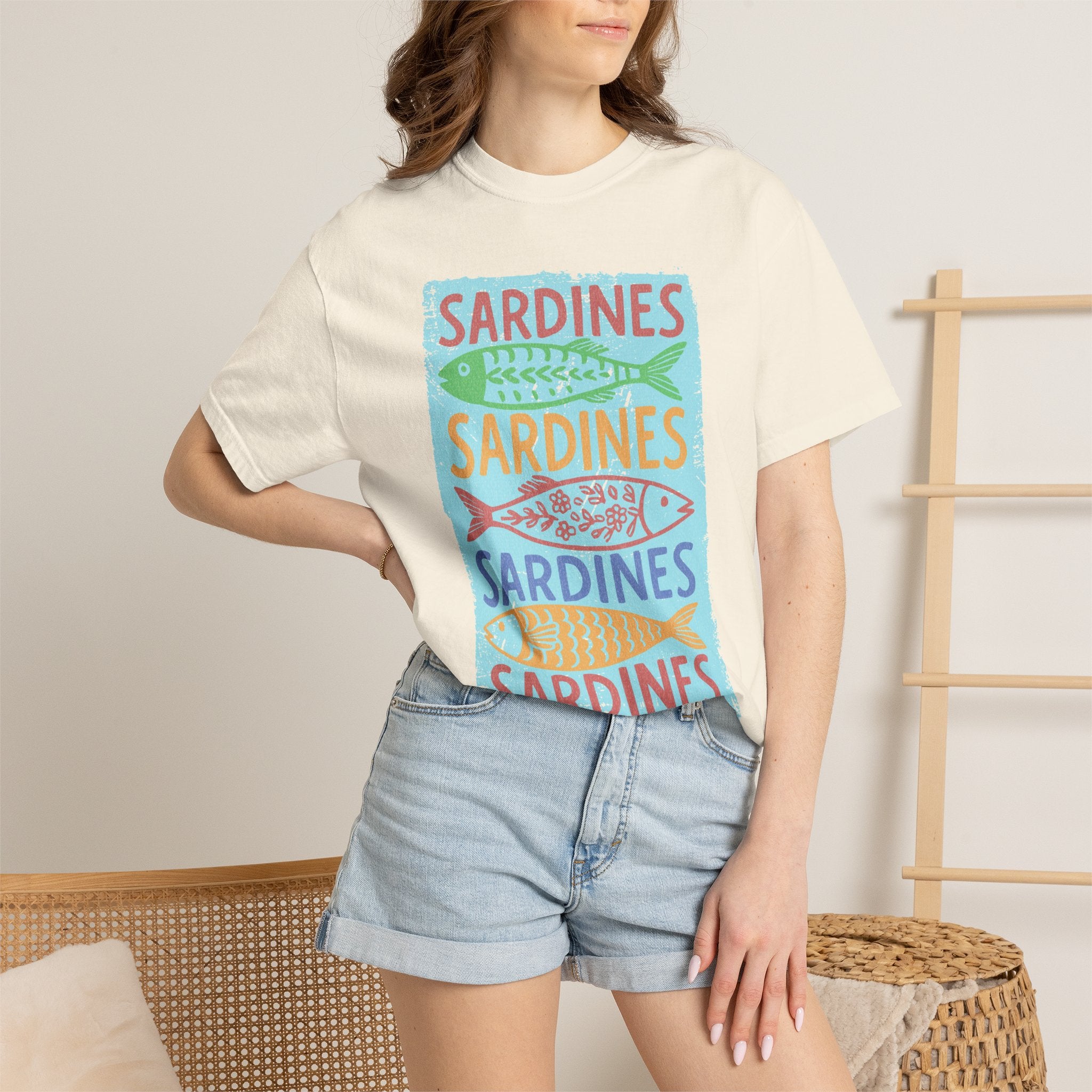 Sardines Colorblock Graphic Textured T-Shirt — Retro Coastal Fish Tee