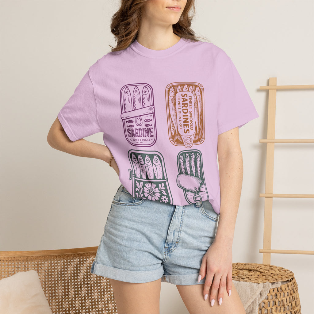 Sardine Tin Graphic Textured T-Shirt — Vintage Seafood Illustration Tee