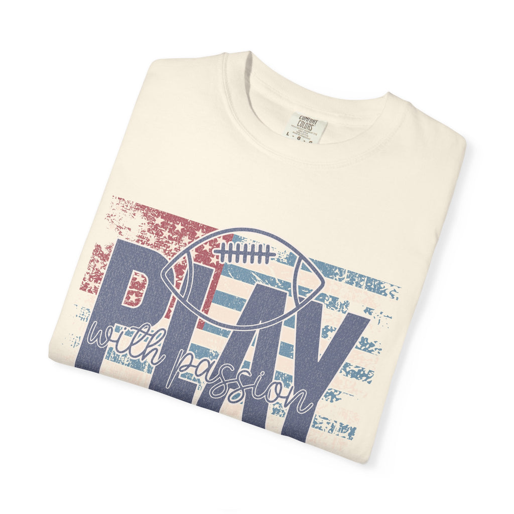 Play With Passion Football Textured Tee — Vintage American Flag Sports Tee