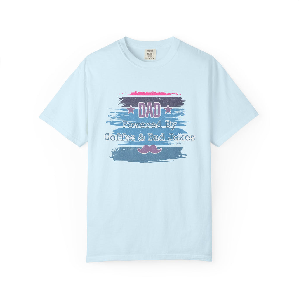 Textured Dad T-Shirt - "Powered By Coffee & Bad Jokes" Vintage Stripe Father's Day Tee