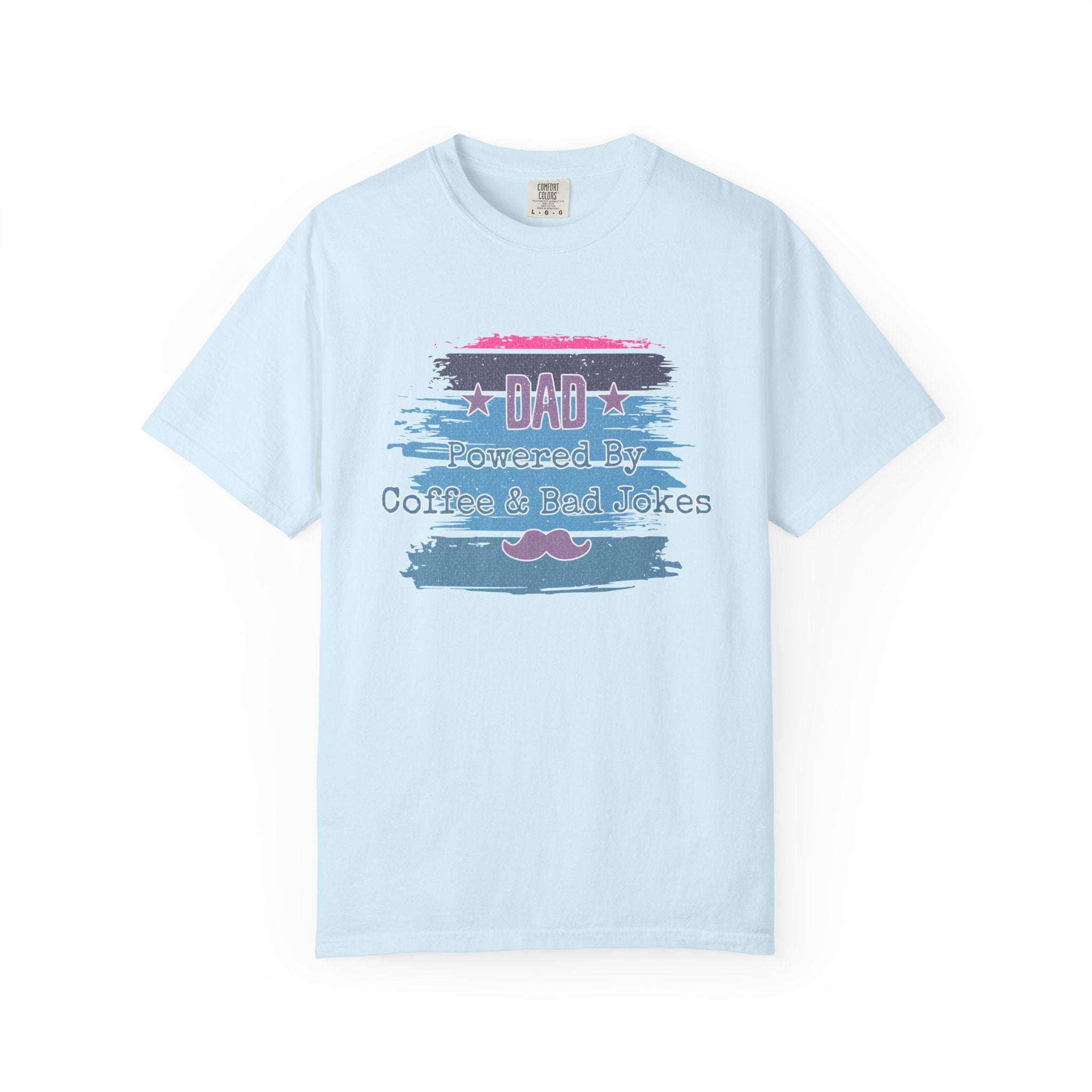 Textured Dad T-Shirt - "Powered By Coffee & Bad Jokes" Vintage Stripe Father's Day Tee