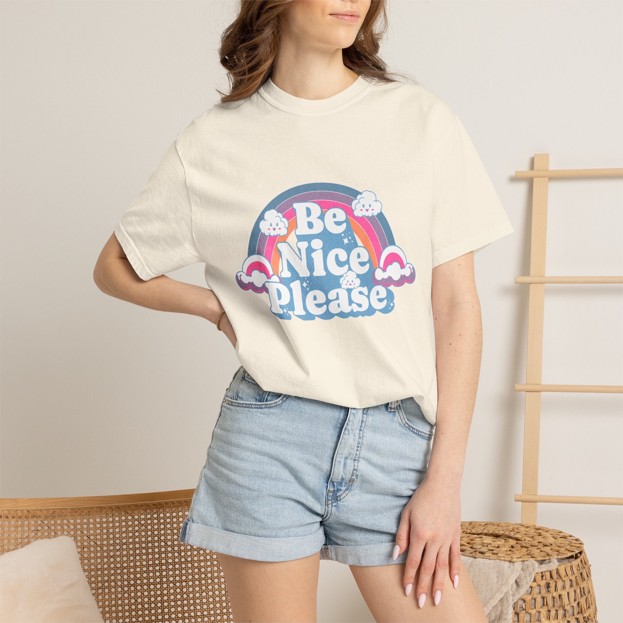 Be Nice Please Textured T-Shirt — Retro Rainbow Positive Message Tee