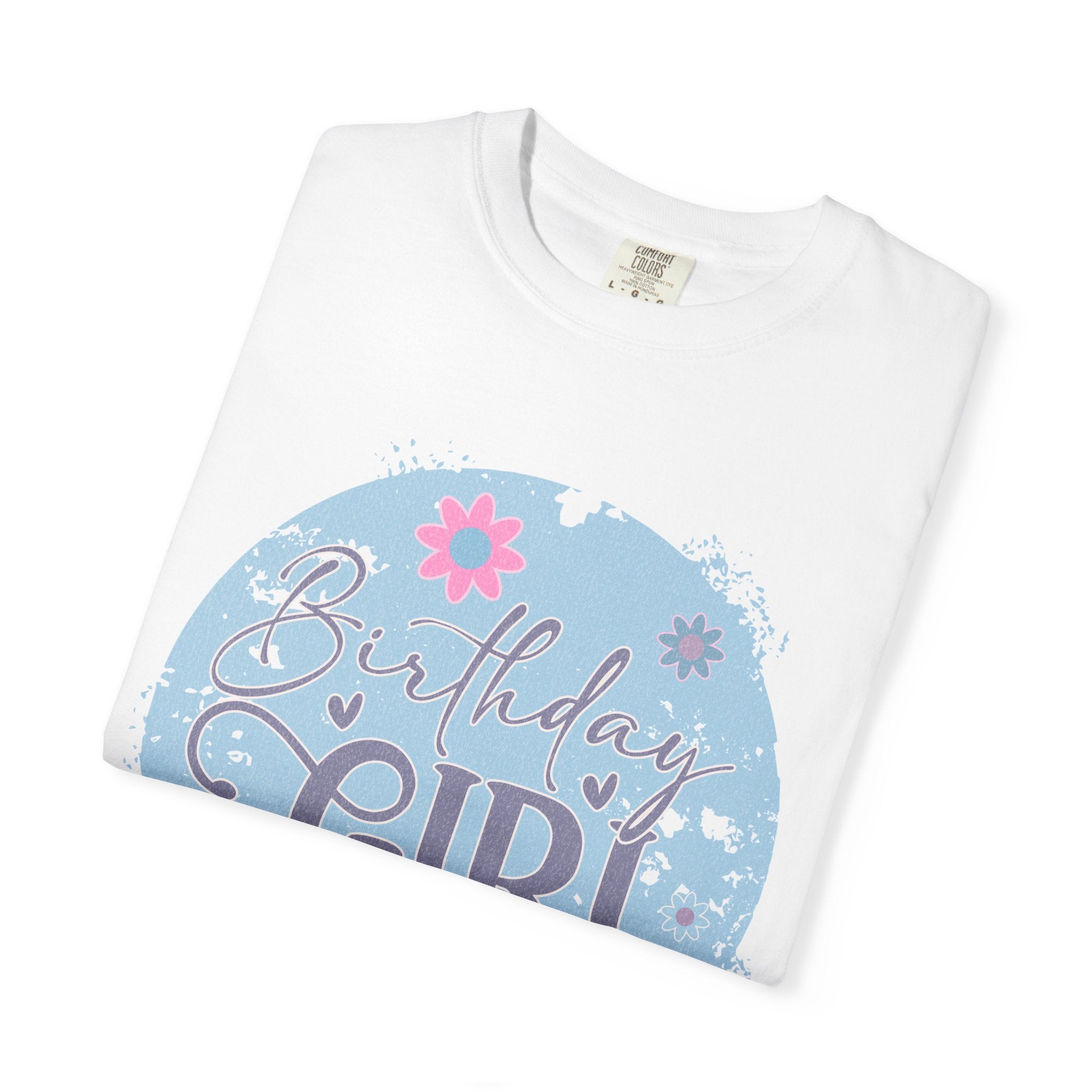 Birthday Girl Textured T-Shirt — Floral Blue Circle Graphic