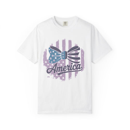 America Flag Bow Textured T-Shirt – Patriotic Floral USA Graphic Tee