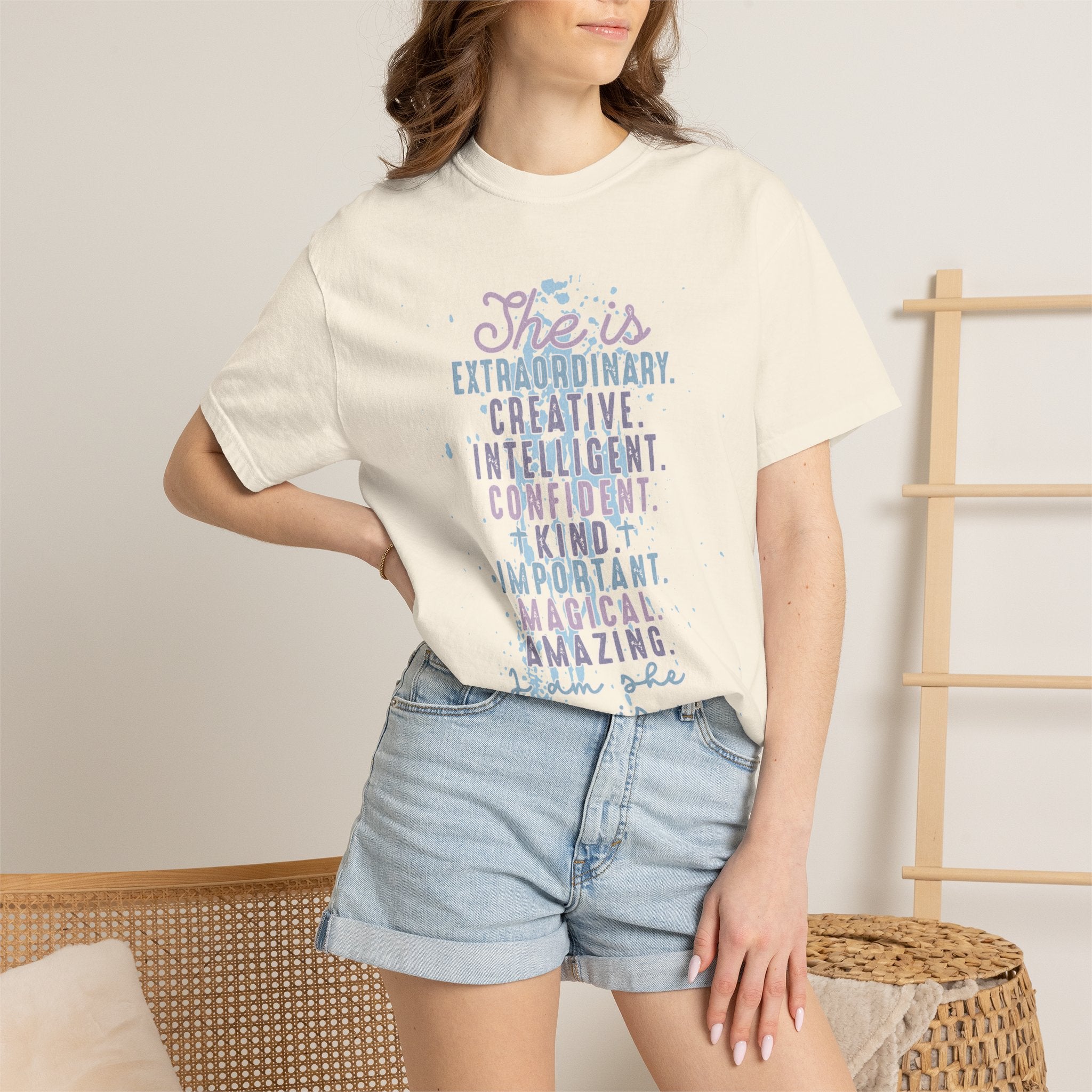 She Is Inspirational Textured Graphic T-Shirt — "She is extraordinary, creative, intelligent..."