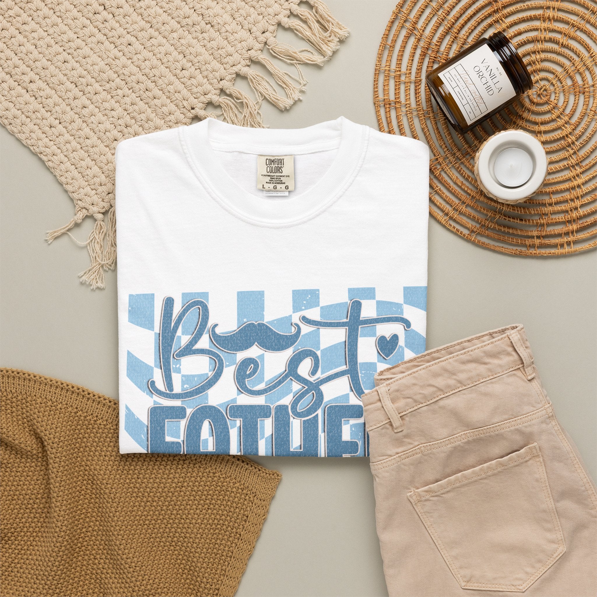 Textured Best Father Ever T-Shirt — Retro Blue Check Fathers Day Tee