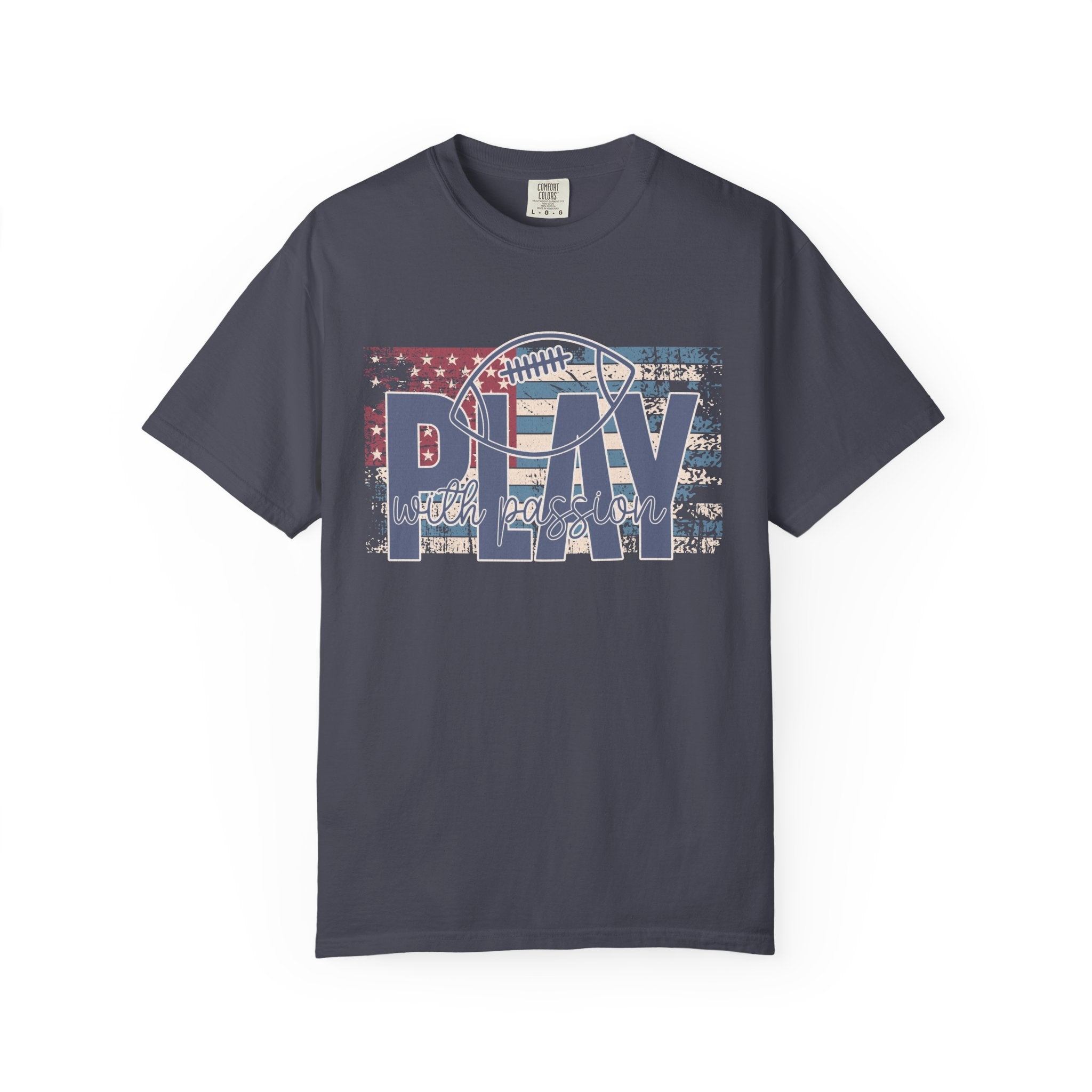 Play With Passion Football Textured Tee — Vintage American Flag Sports Tee
