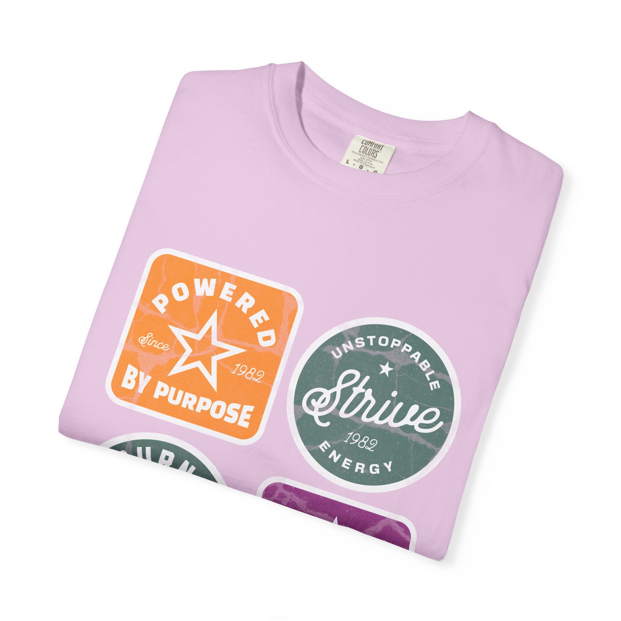 Motivational Badge T-Shirt — "Powered by Purpose / Strive / Journey / Freedom"