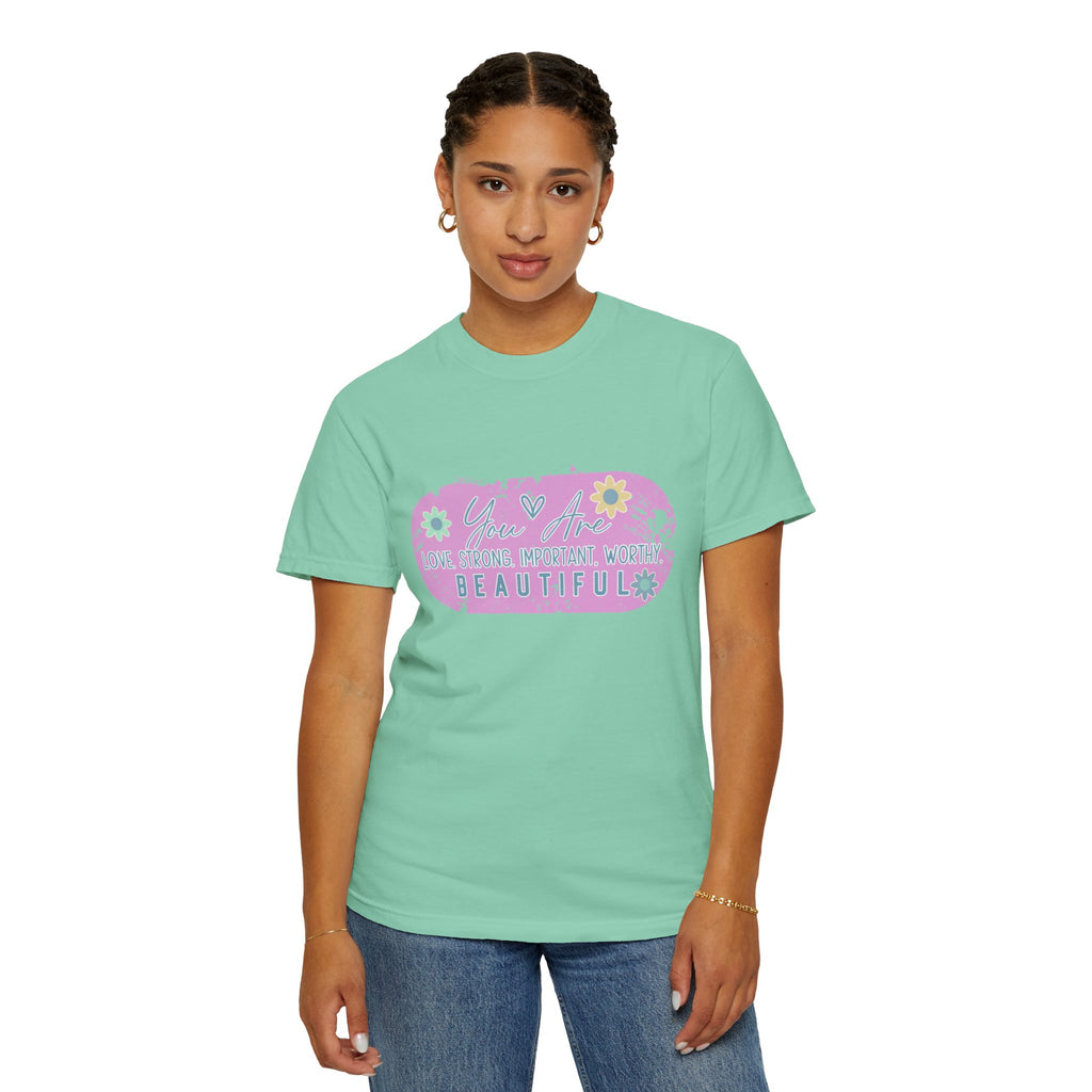Textured T-Shirt — She is Brave, Strong, Worthy, Beautiful Floral Graphic Tee