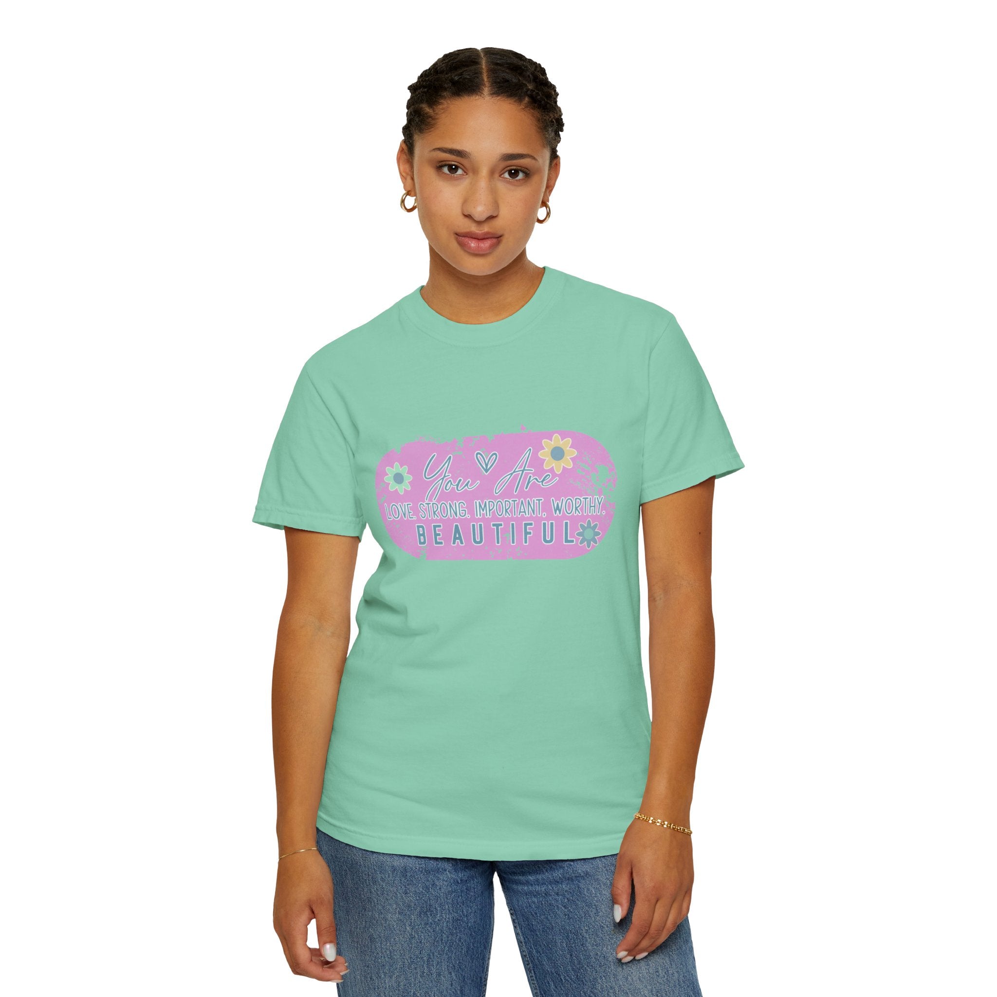 Textured T-Shirt — She is Brave, Strong, Worthy, Beautiful Floral Graphic Tee