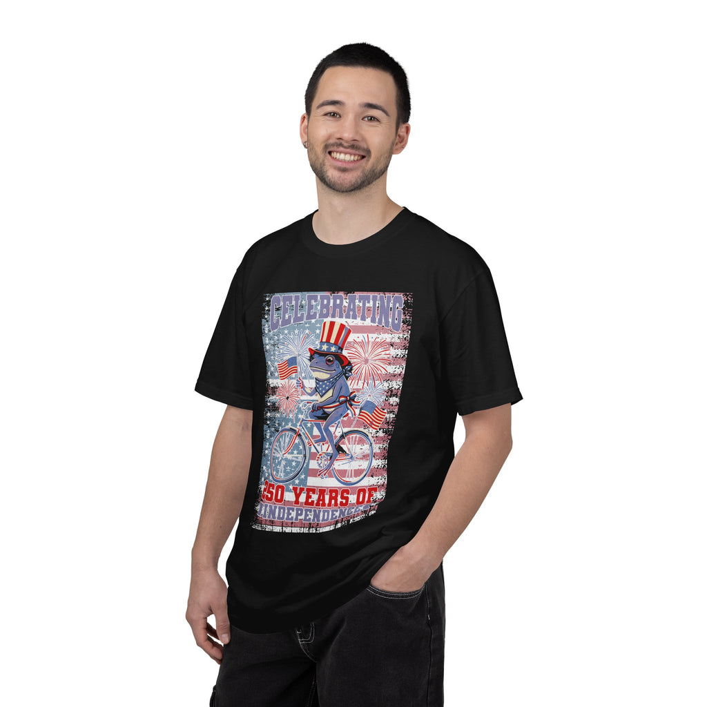 Textured Independence Day Patriotic T-Shirt — "Celebrating 250 Years of Independence" Bicycle Uncle Sam Design