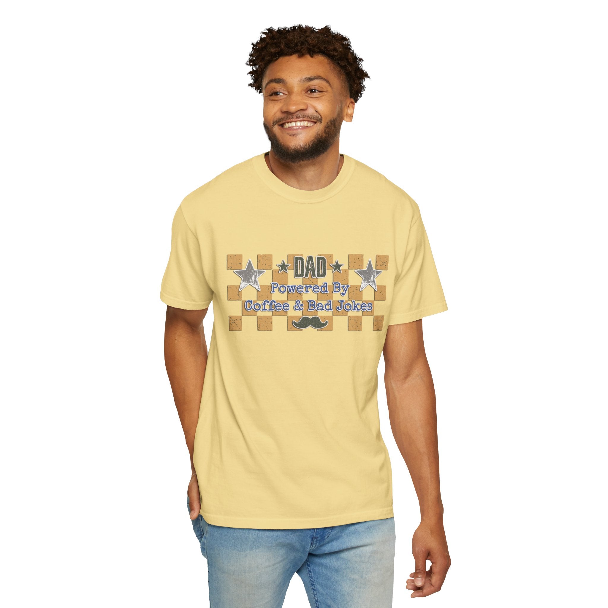 Dad Powered By Coffee & Bad Jokes Textured T-Shirt — Funny Fathers Day Gift