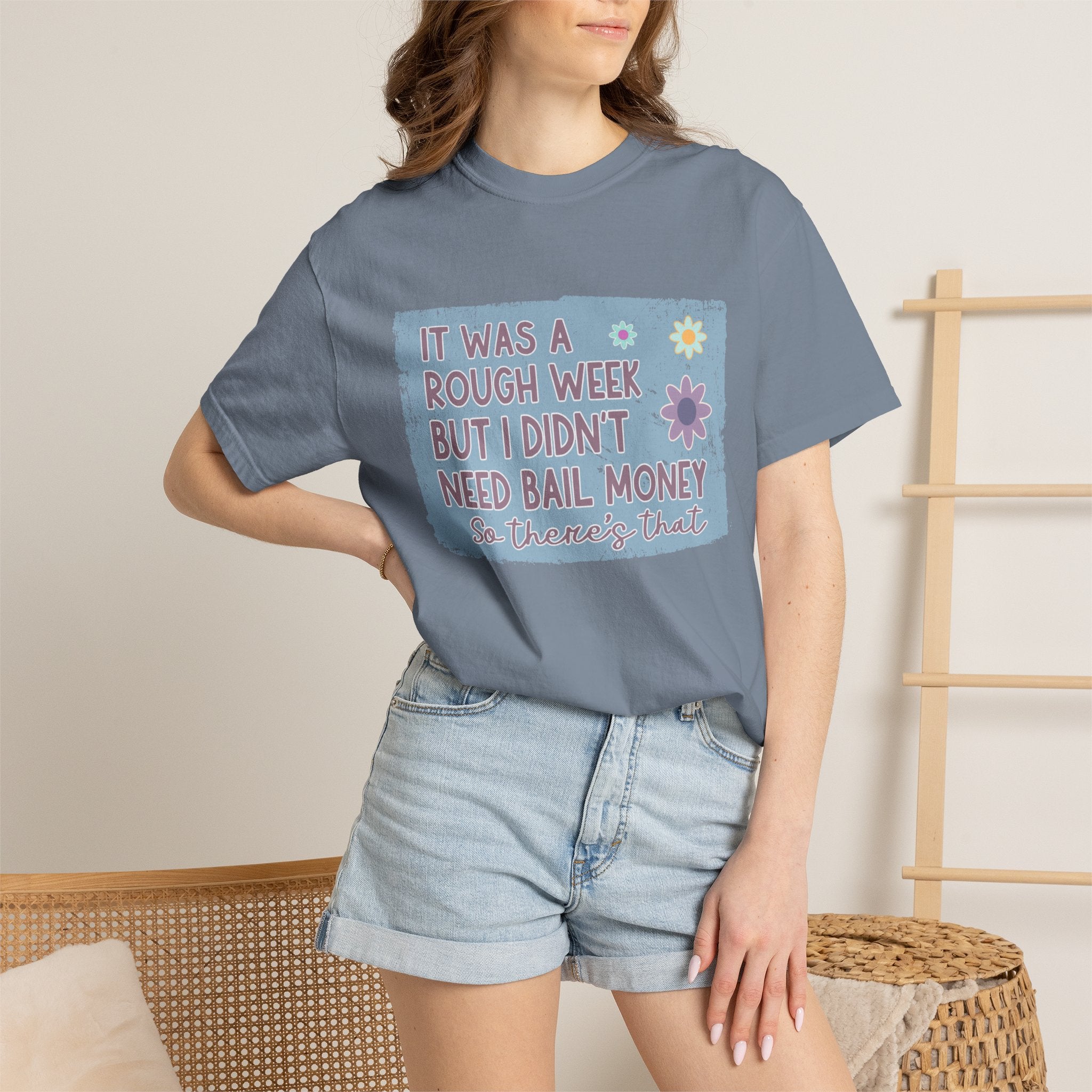 Textured Graphic T-Shirt — "It Was a Rough Week But I Didn't Need Bail Money" Vintage Floral Tee