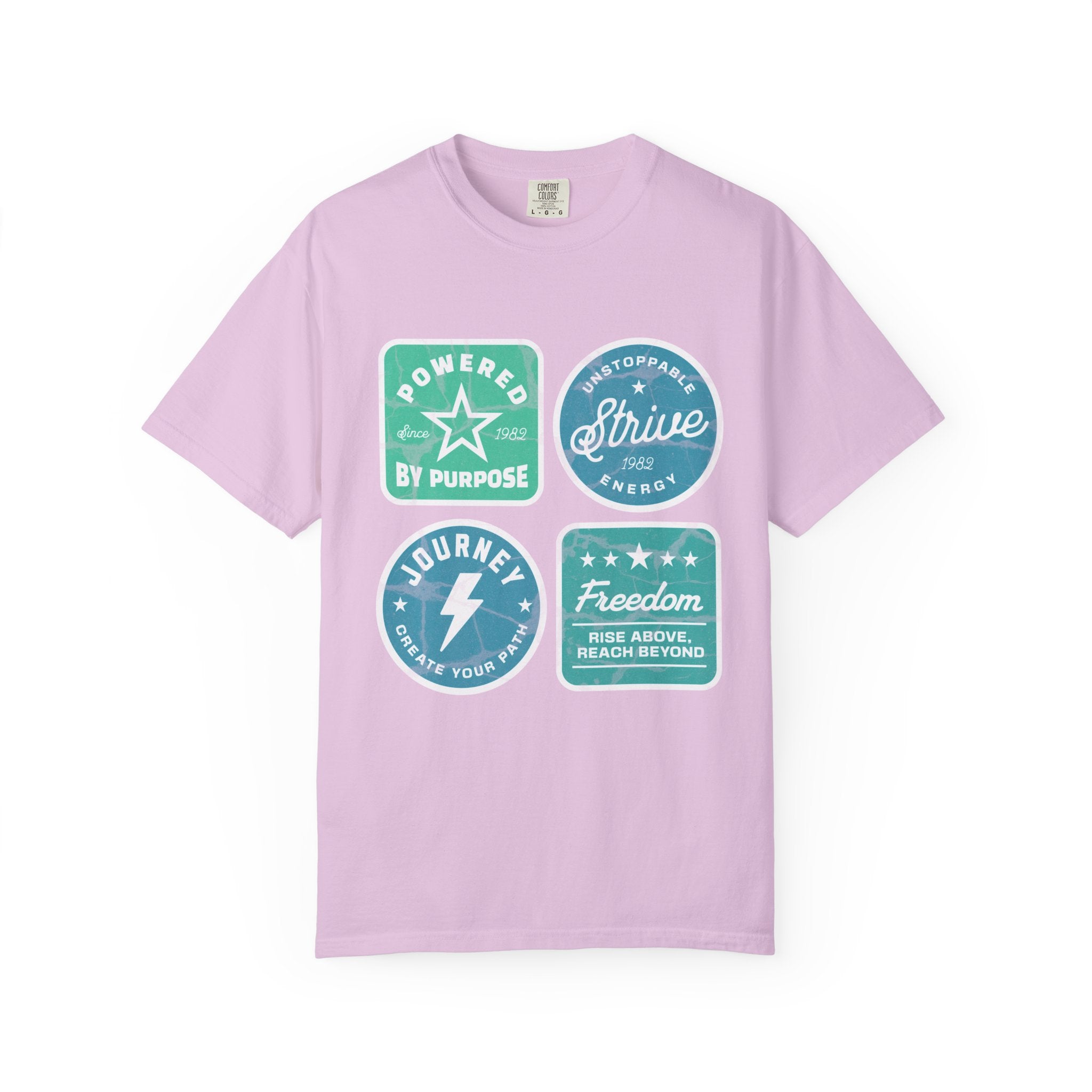 Motivational Badge Graphic Textured T-Shirt — "Powered by Purpose, Strive, Journey, Freedom"