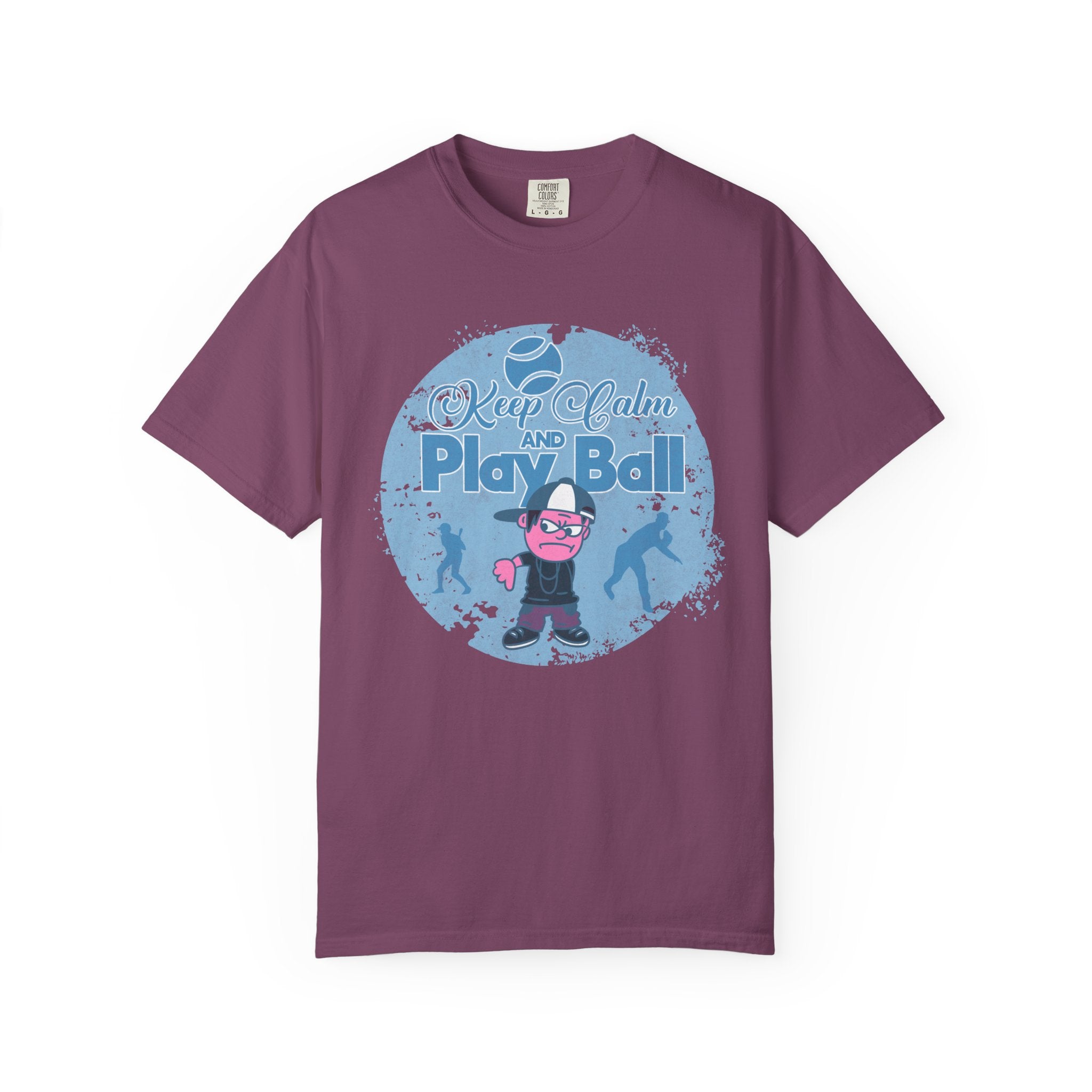 Textured Keep Calm and Play Ball Baseball T-Shirt — Cute Mascot Sports Tee for Kids & Fans