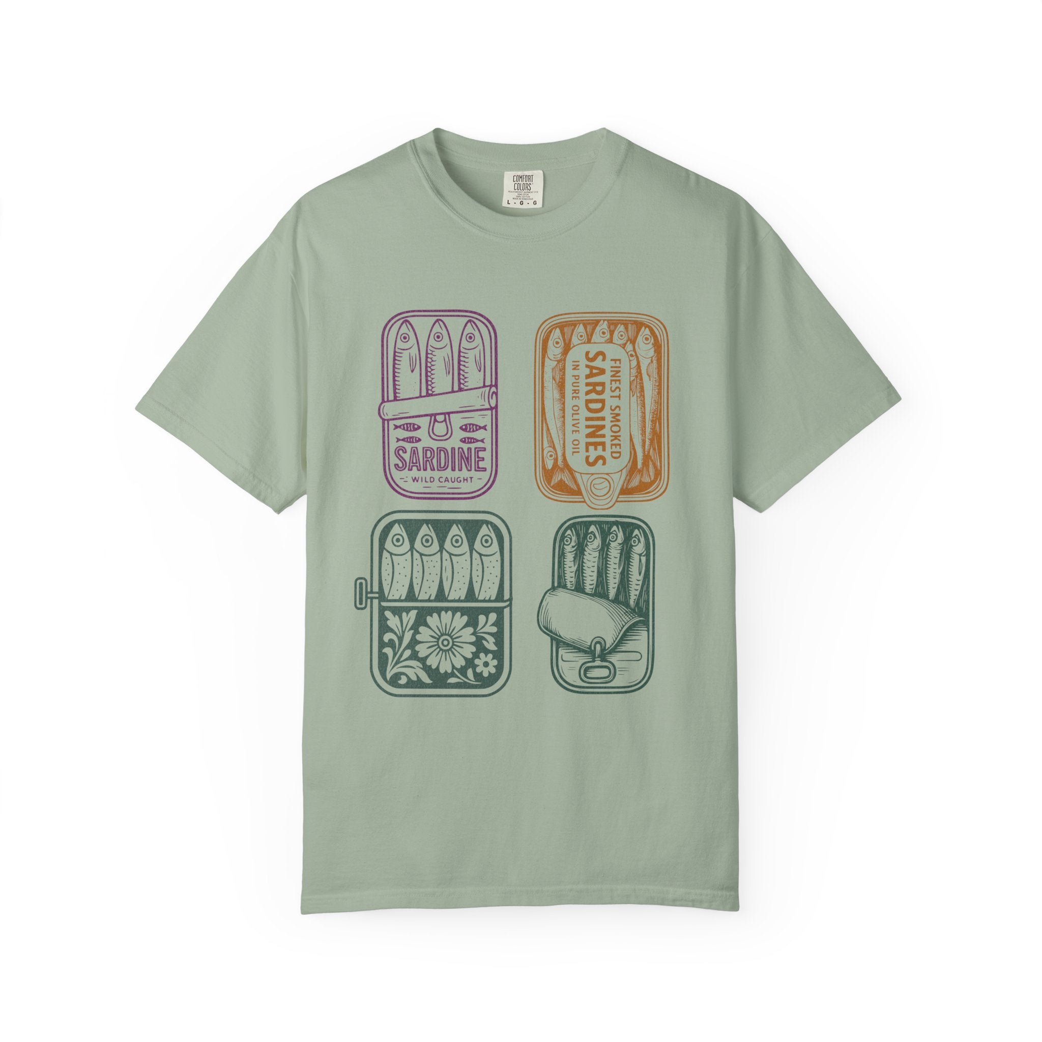 Sardine Tin Graphic Textured T-Shirt — Vintage Seafood Illustration Tee