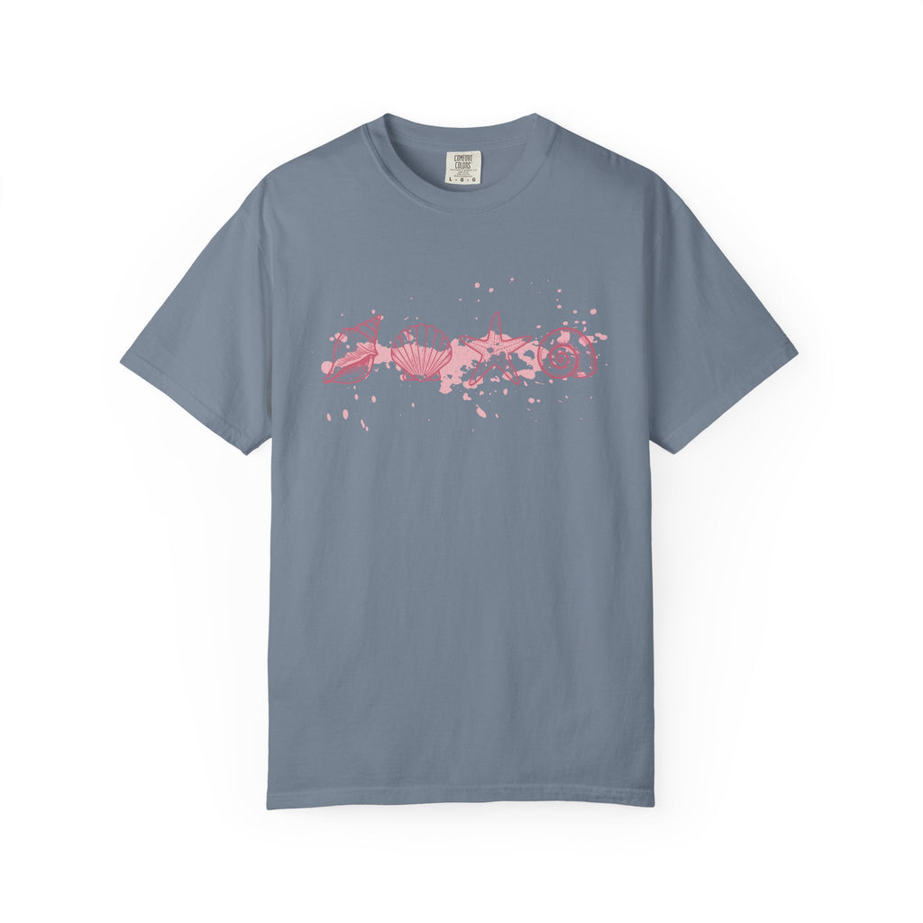 Textured Seashell Line Art T-Shirt — Pink Coastal Shells Graphic Tee