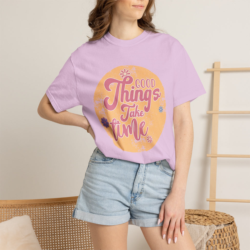 Good Things Take Time T-Shirt | Textured Retro Script Floral Graphic
