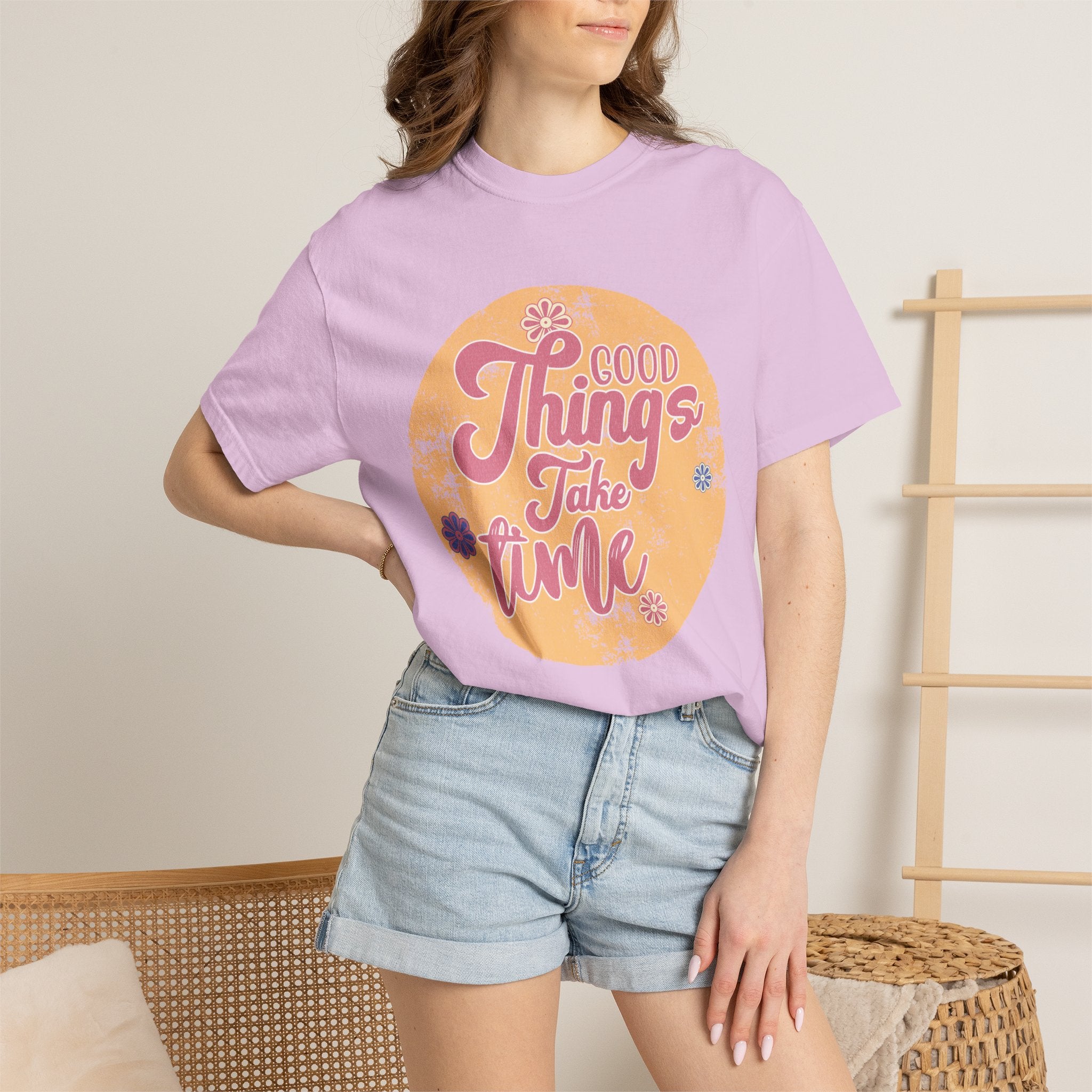 Good Things Take Time T-Shirt | Textured Retro Script Floral Graphic