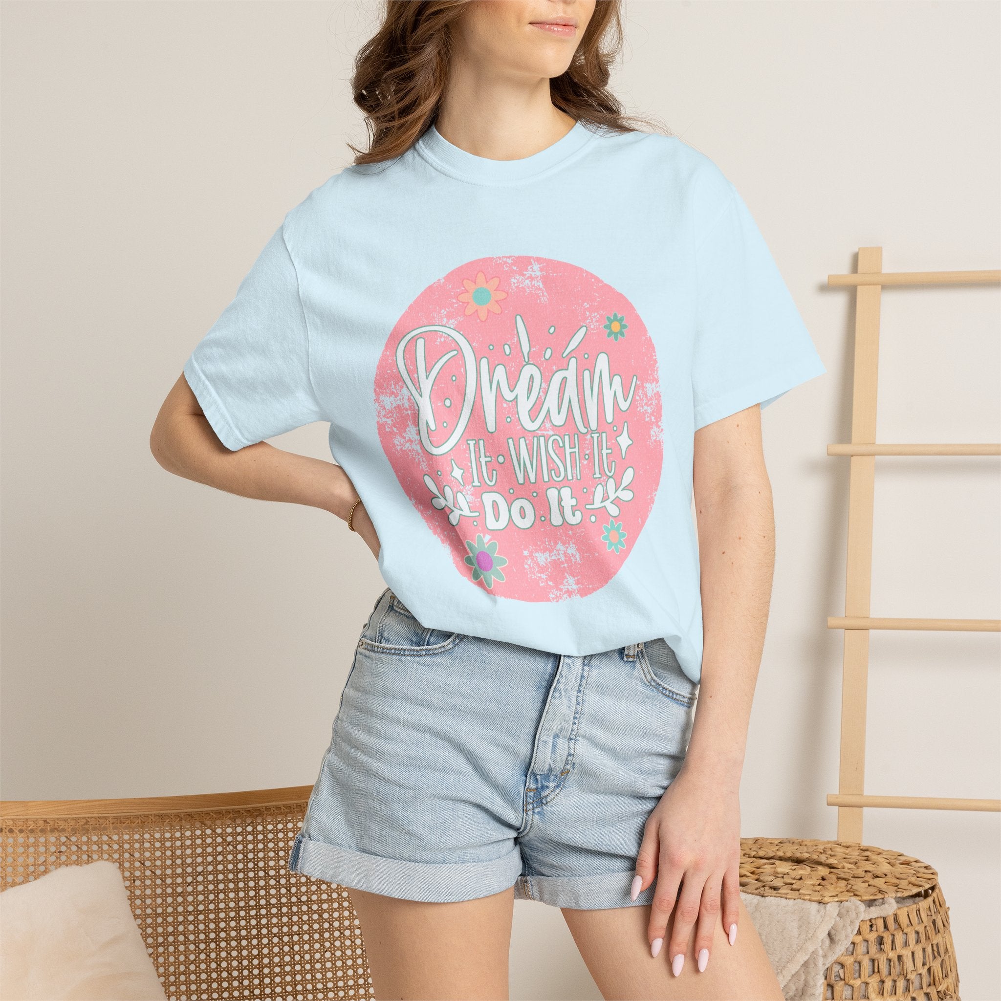 Textured T-Shirt — "Dream It, Wish It, Do It" Pink Floral Motivational Tee