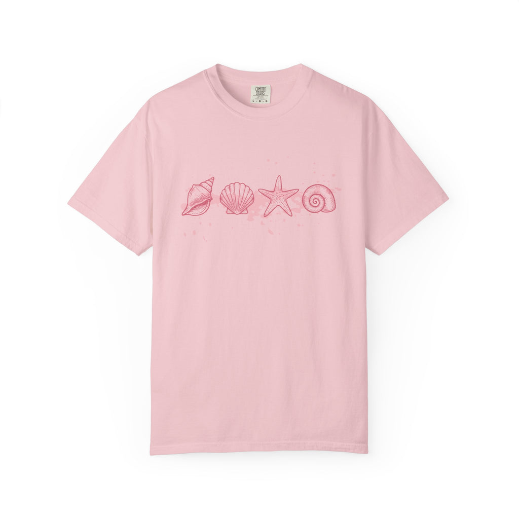 Textured Seashell Line Art T-Shirt — Pink Coastal Shells Graphic Tee