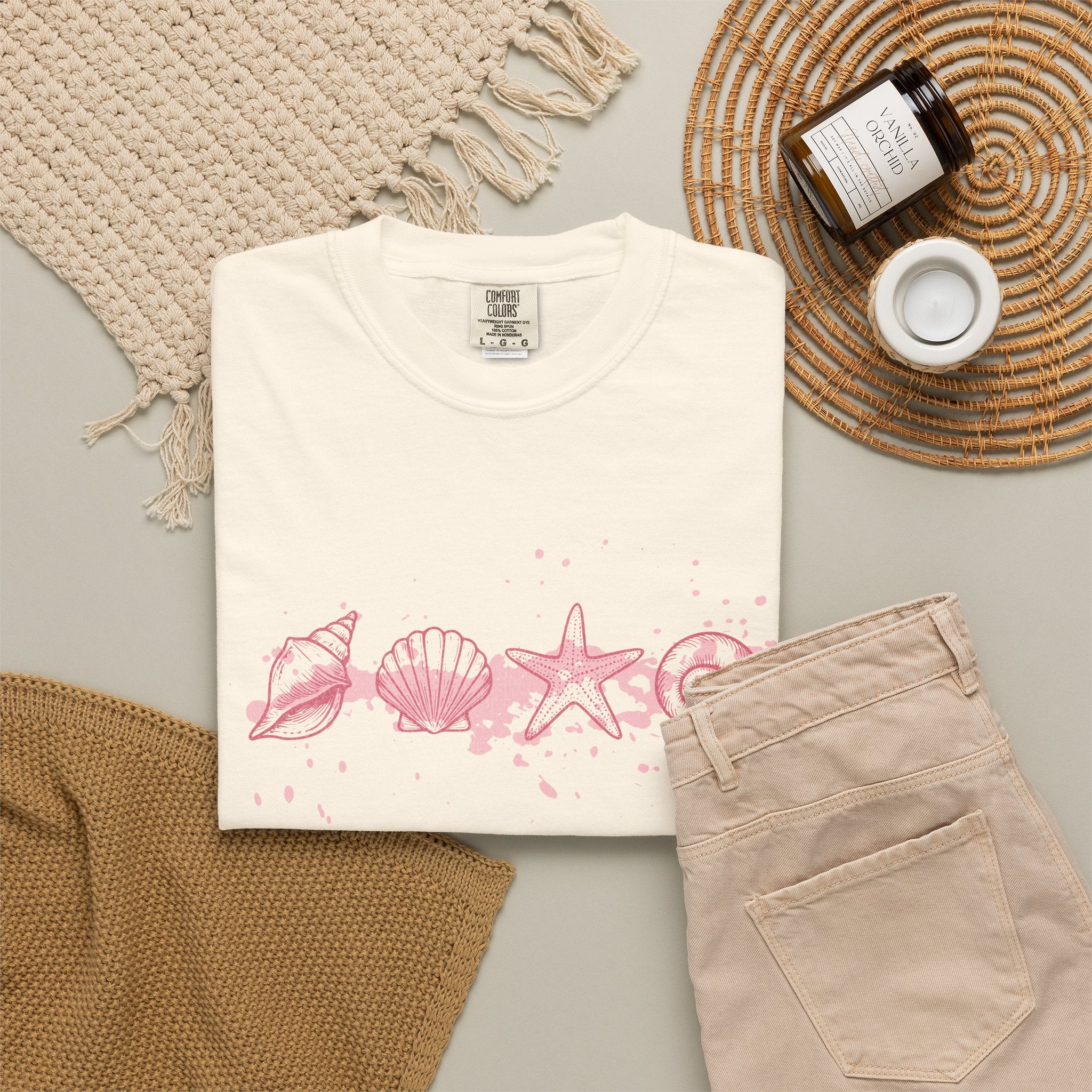 Textured Seashell Line Art T-Shirt — Pink Coastal Shells Graphic Tee