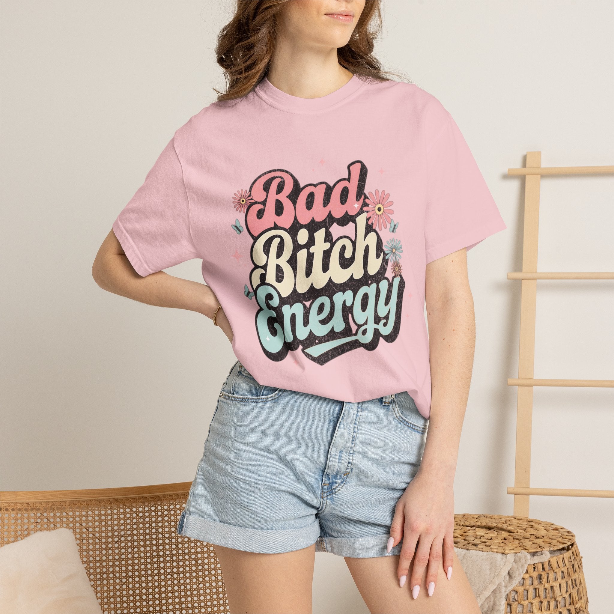 Textured Bad Bitch Energy T-shirt |Textured Retro Script Floral Graphic
