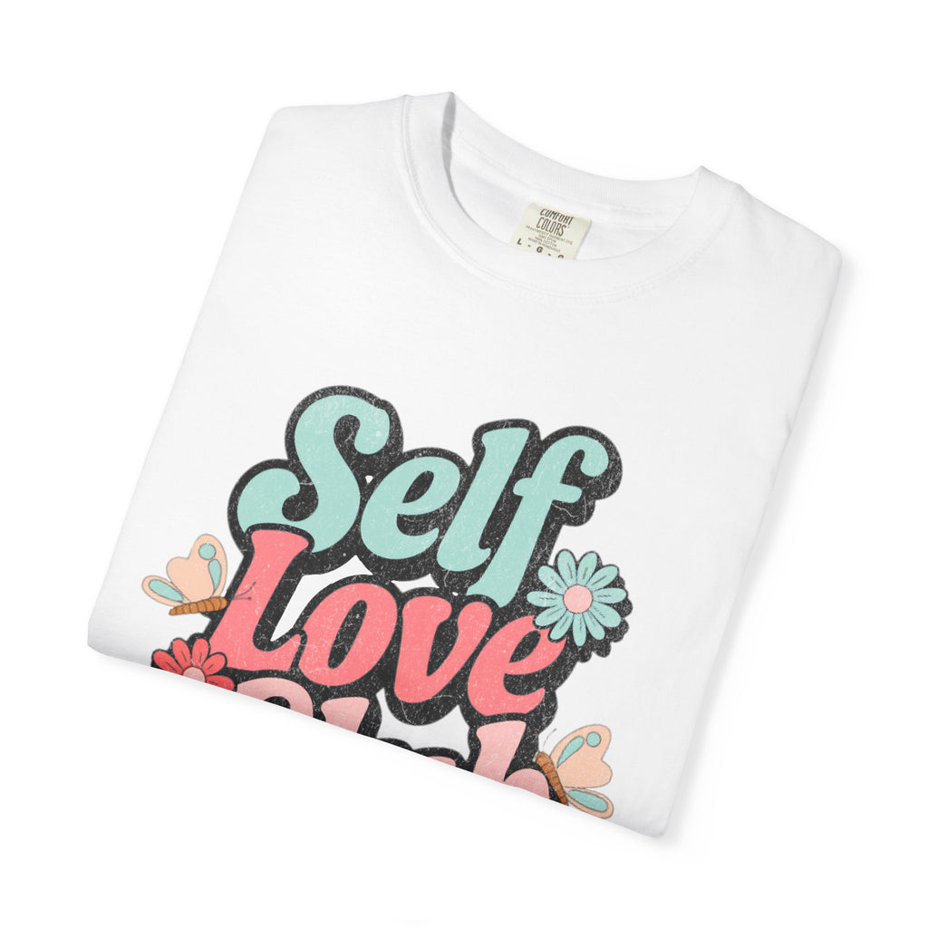 Self Love Club T-shirt | Textured Retro Floral Typography, Pastel 70s Vibe