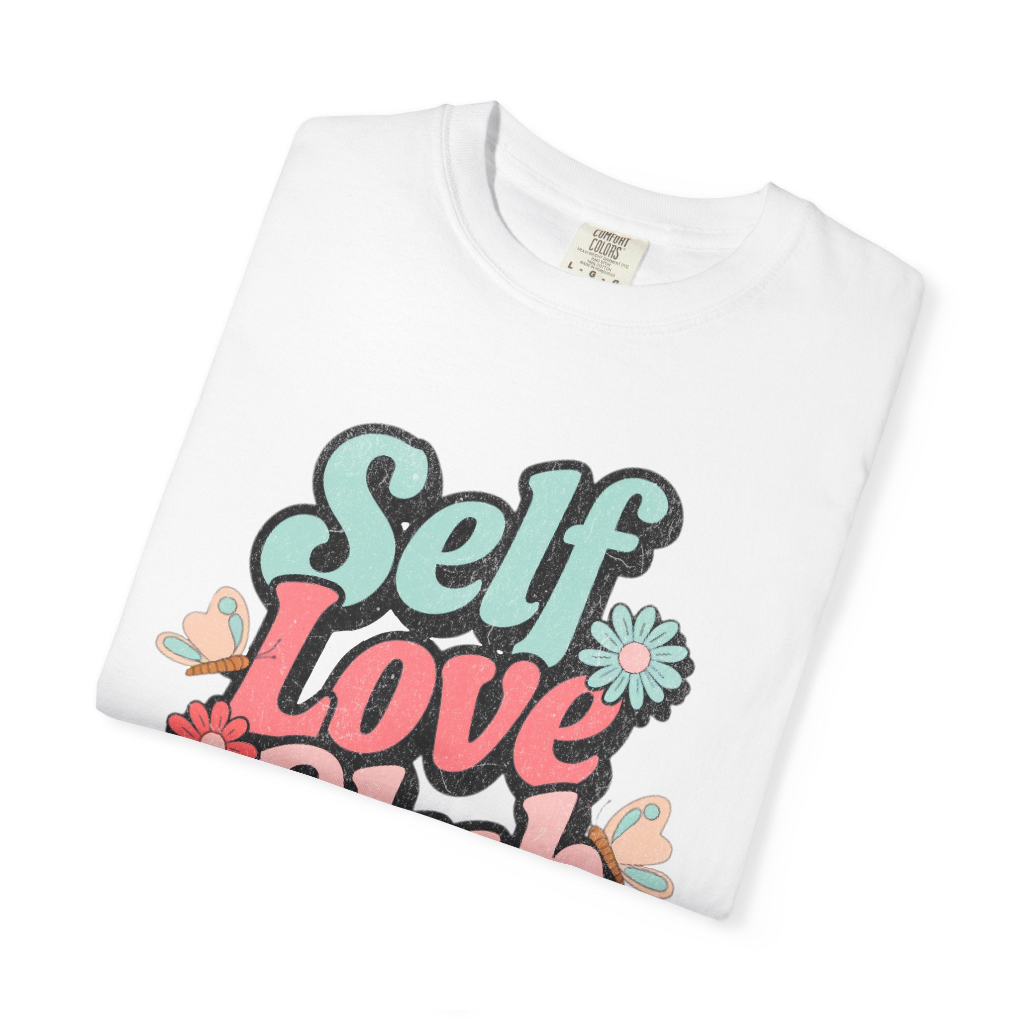 Self Love Club T-shirt | Textured Retro Floral Typography, Pastel 70s Vibe