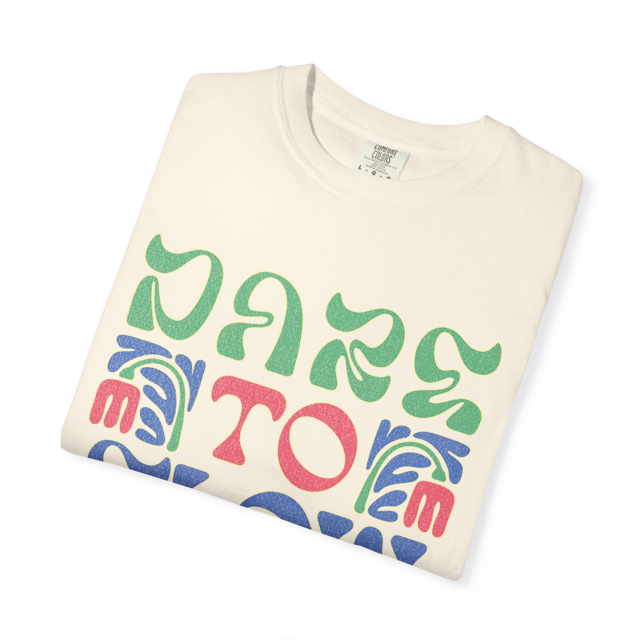 Dare To Flow T-Shirt | Textured Retro Groovy Typography, Colorful Wave Design
