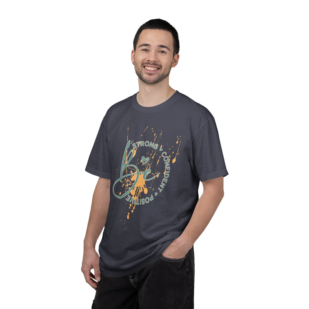 Textured Joy Script T-Shirt — “Be” Positive Graphic Tee: Strong • Confident • Positive