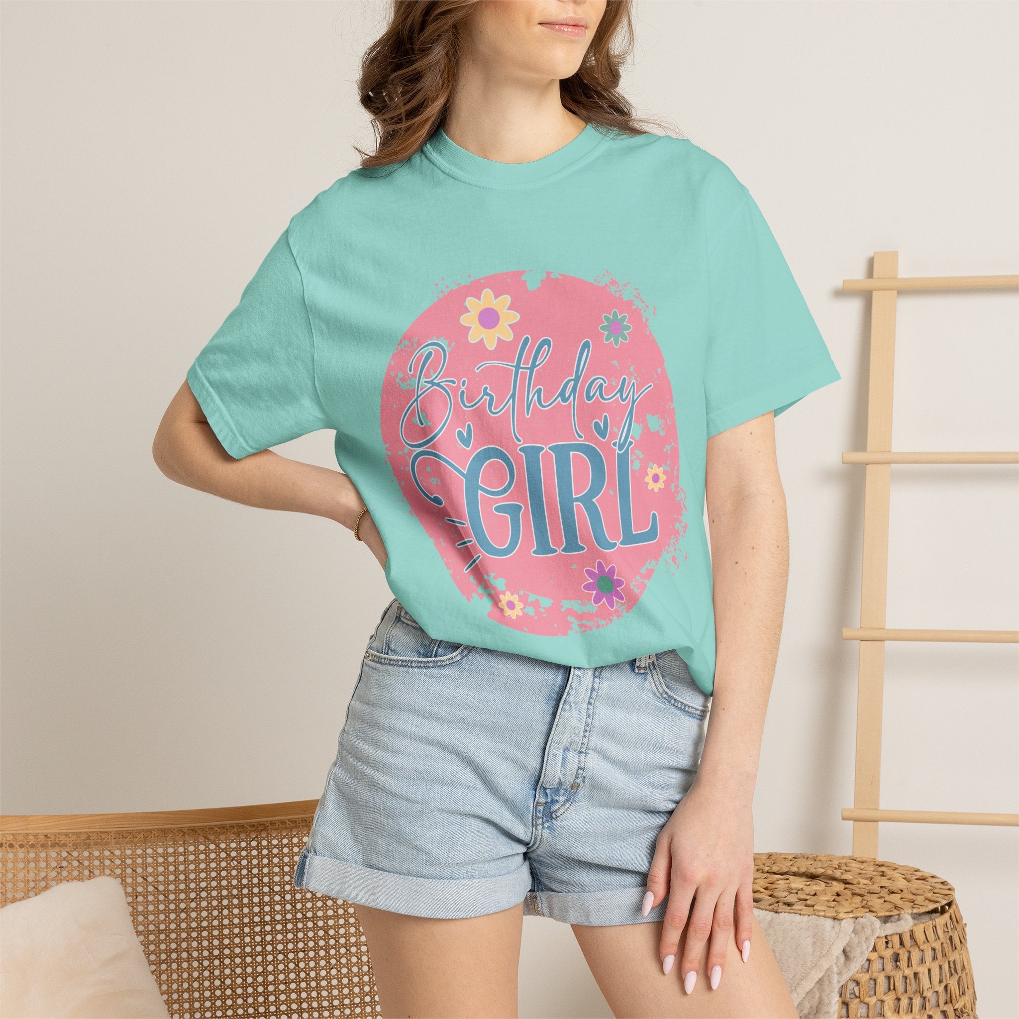 Birthday Girl Textured T-Shirt — Floral Pink Celebration Tee