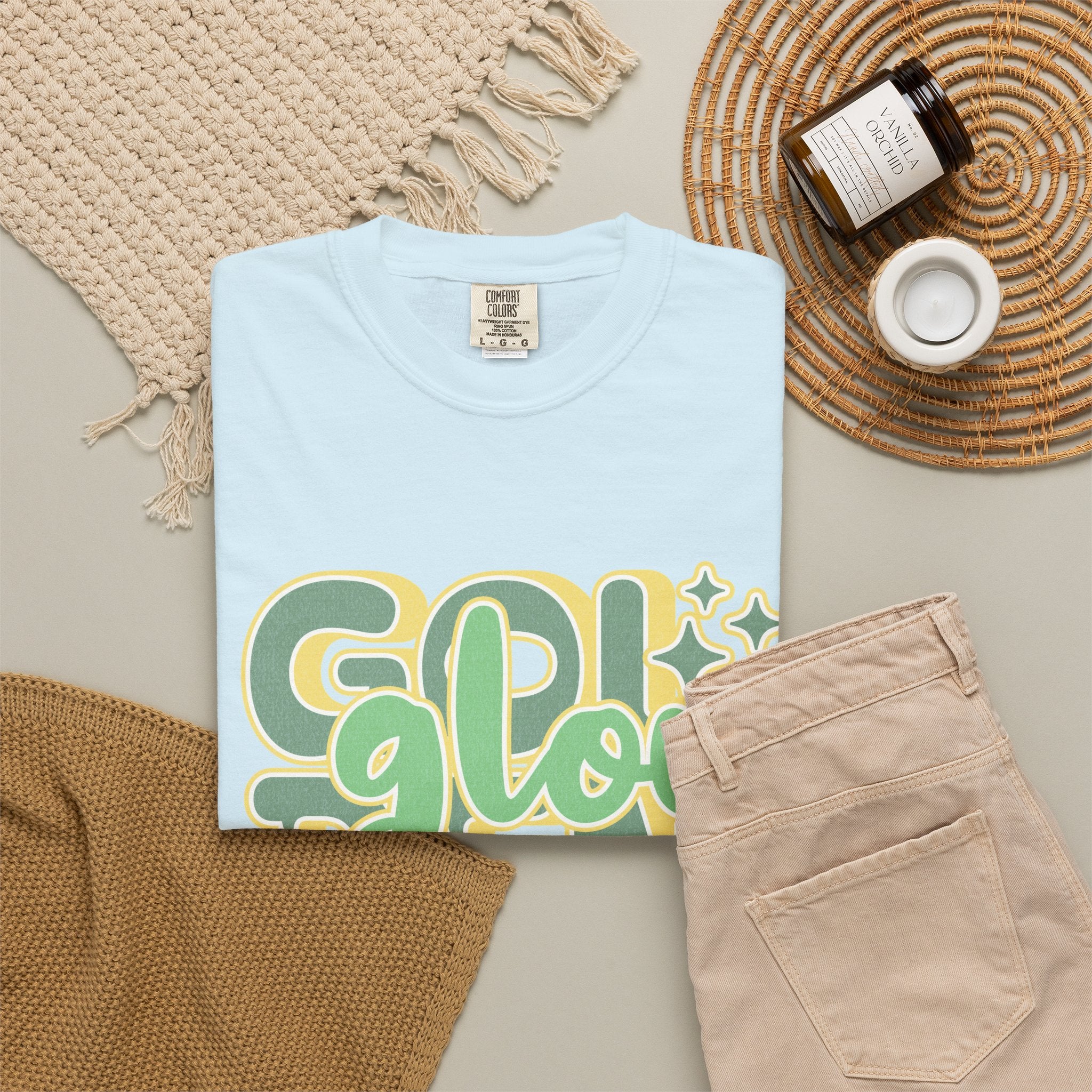 Golden Glow Textured T-Shirt — Retro 'Glow' Graphic Tee
