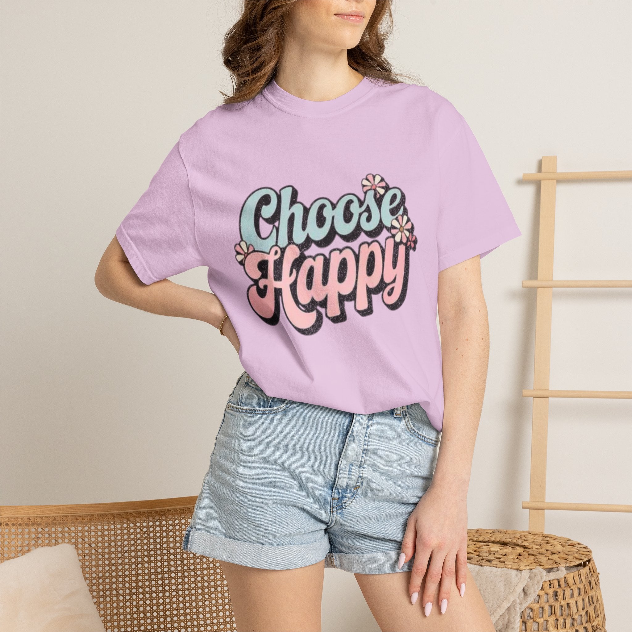 Choose Happy retro script shirt | Textured Positive message tee, pastel floral design