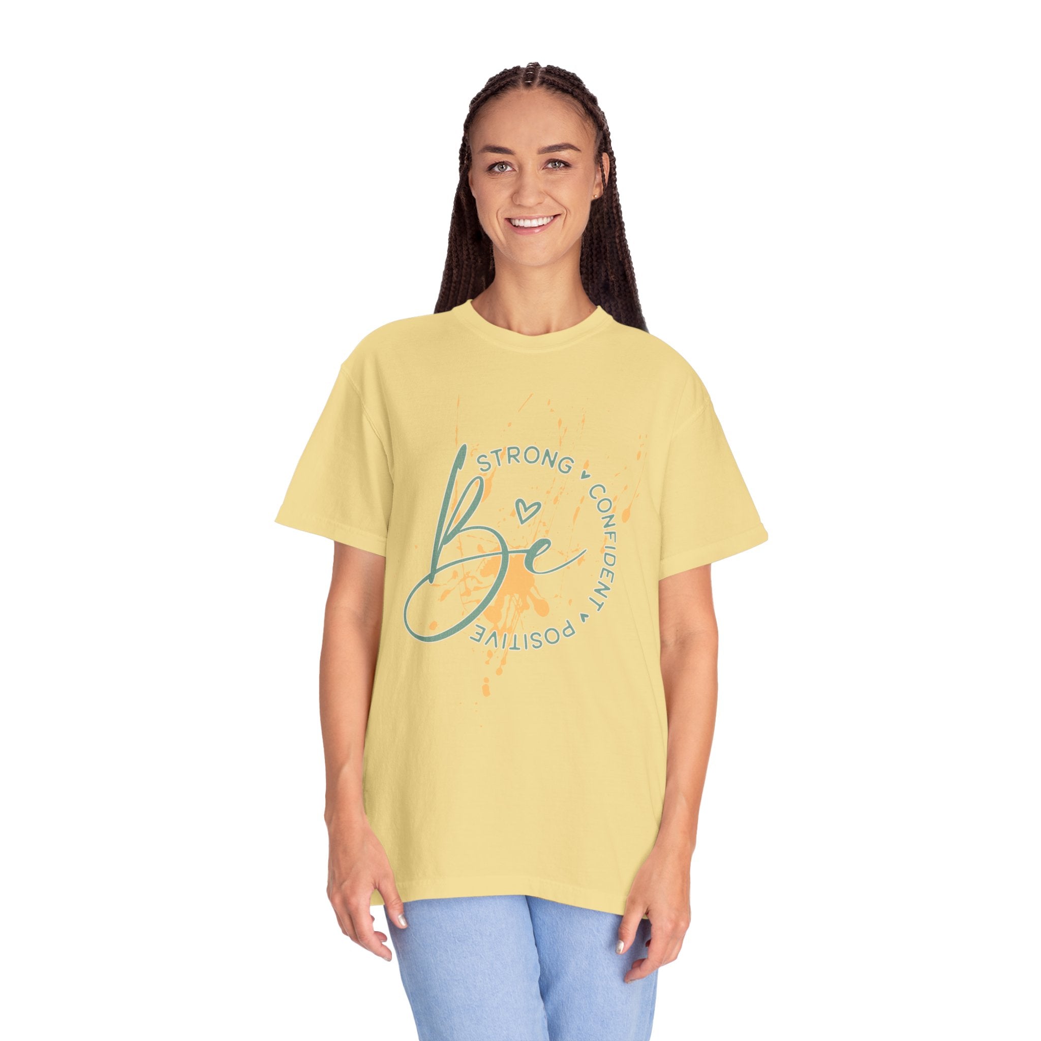 Textured Joy Script T-Shirt — “Be” Positive Graphic Tee: Strong • Confident • Positive
