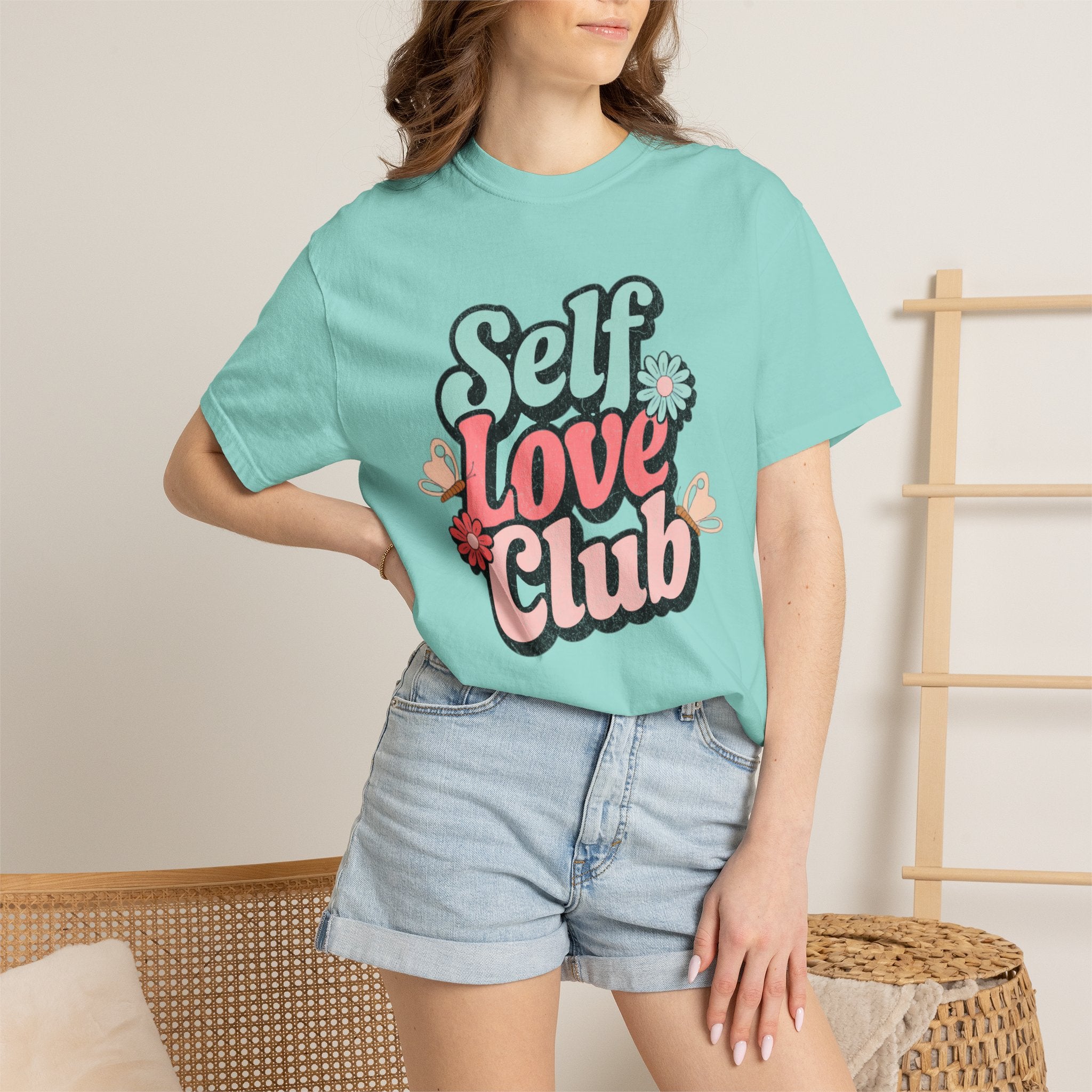 Self Love Club T-shirt | Textured Retro Floral Typography, Pastel 70s Vibe