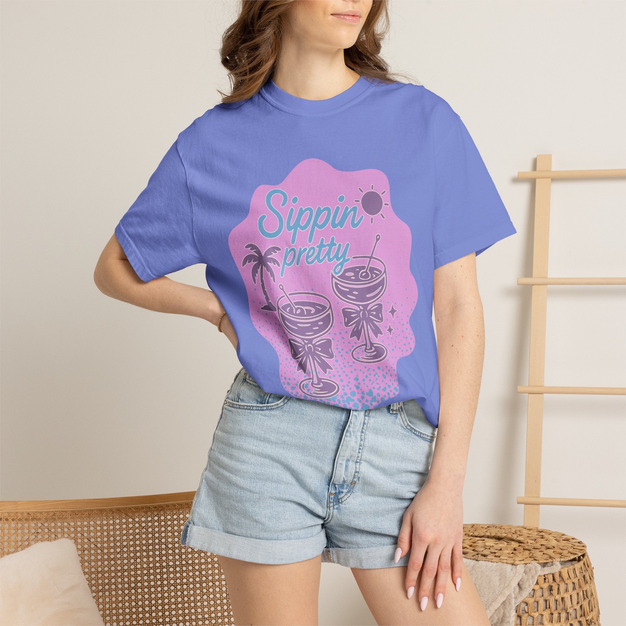 T-Shirt — "Sippin' Pretty" Tropical Cocktail Textured Graphic Tee
