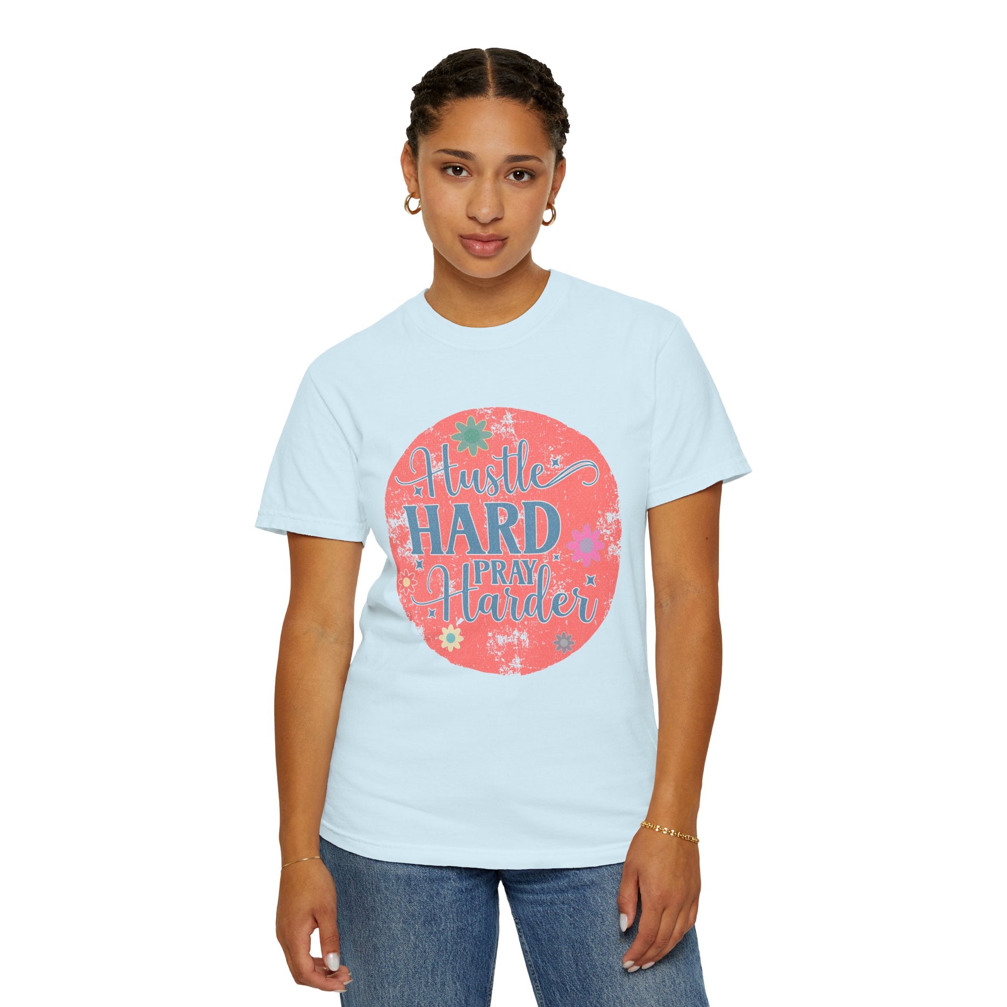 Textured Hustle Hard Pray Harder Tee — Inspirational Floral Graphic T-Shirt