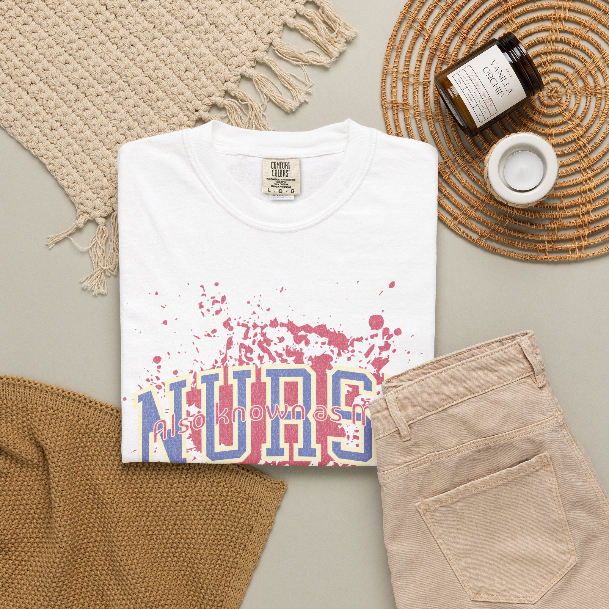Nurse Also Known As Mom Textured T‑Shirt — Retro Collegiate Text with Paint Splatter