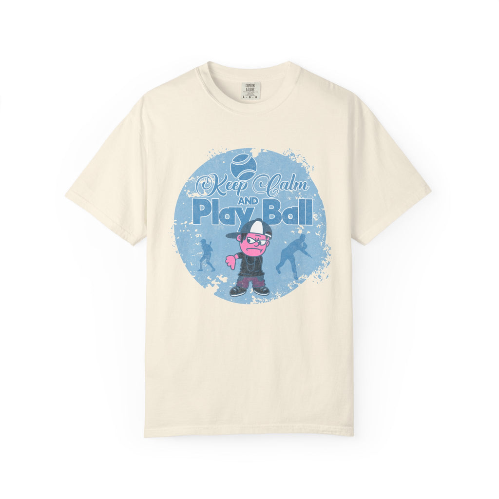 Textured Keep Calm and Play Ball Baseball T-Shirt — Cute Mascot Sports Tee for Kids & Fans